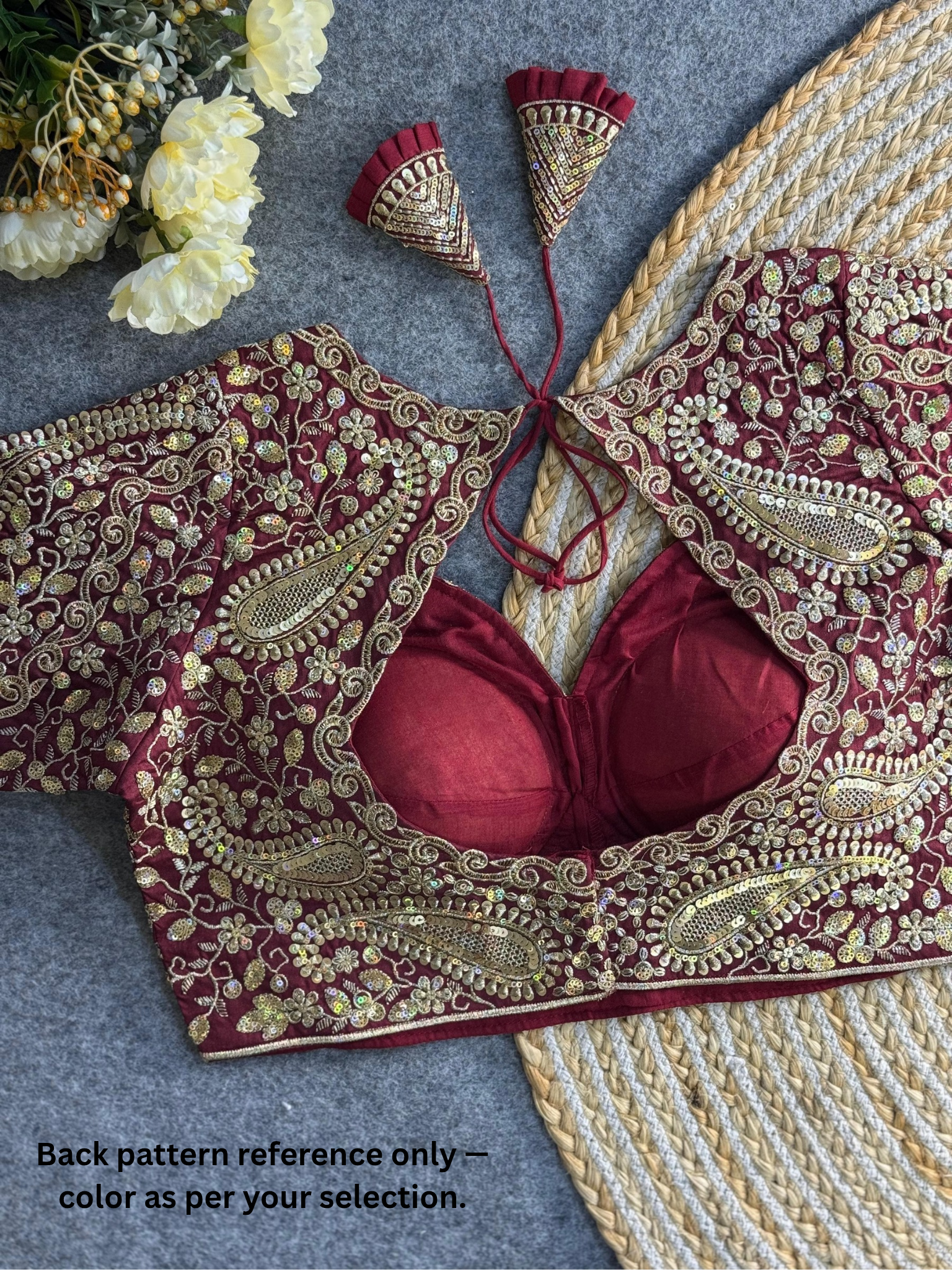 Peach Bridal Blouse with Deep V-Neck & Heavy Paisley Embroidery