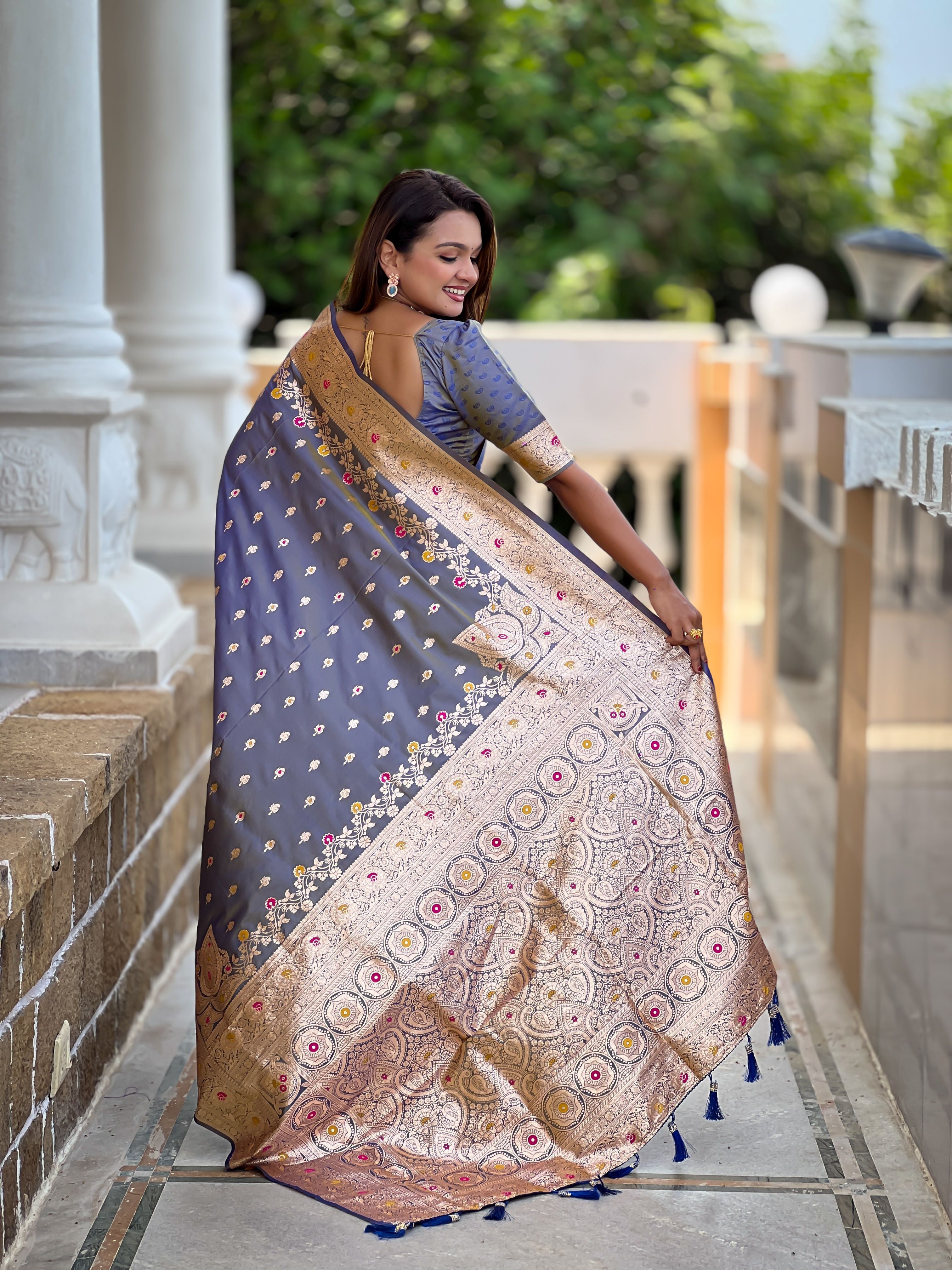 Banarasi Silk Woven Meenakari Designer Grey Sophisticated Ethnic Ceremonial Saree
