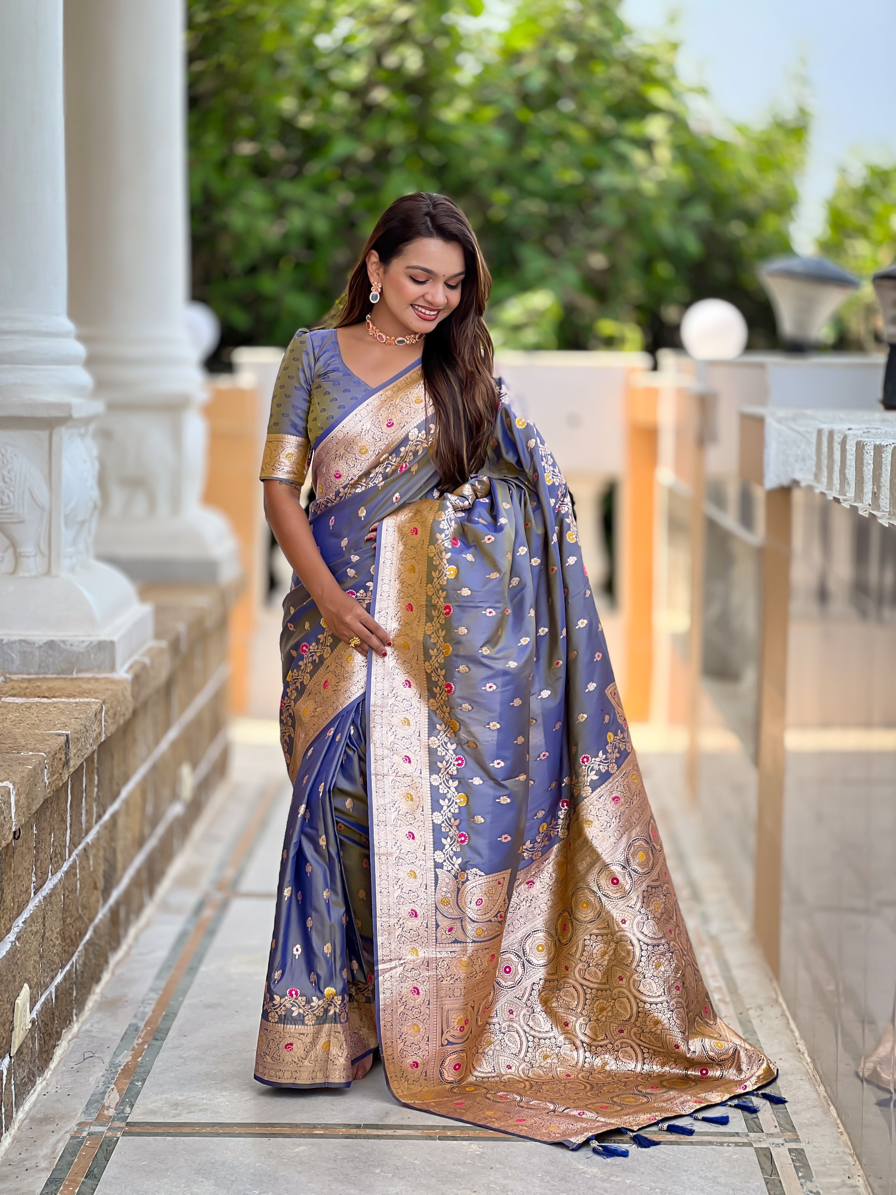 Banarasi Silk Woven Meenakari Designer Grey Sophisticated Ethnic Ceremonial Saree