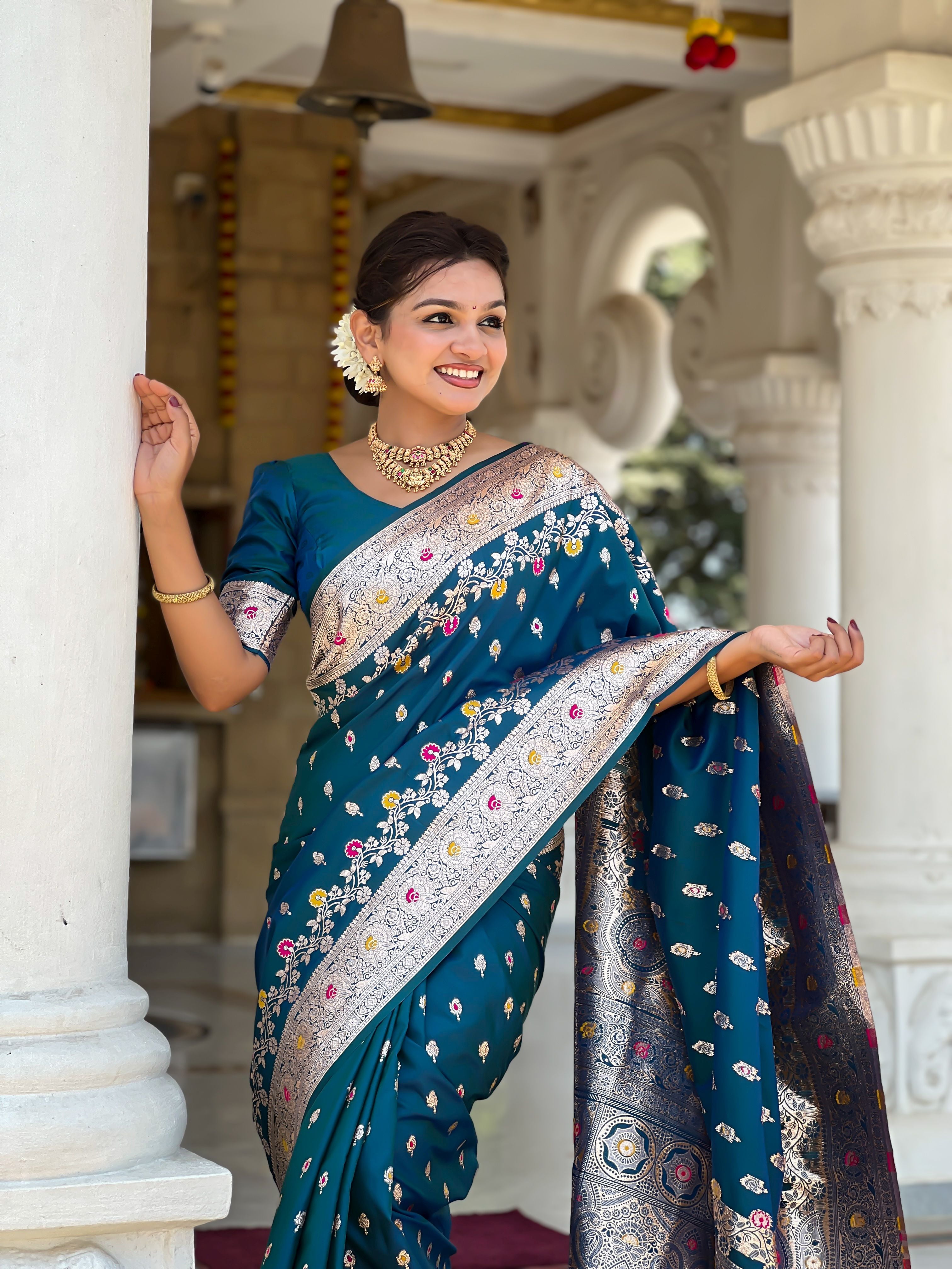 Banarasi Silk Woven Meenakari Designer Morpich Sophisticated Ethnic Ceremonial Saree