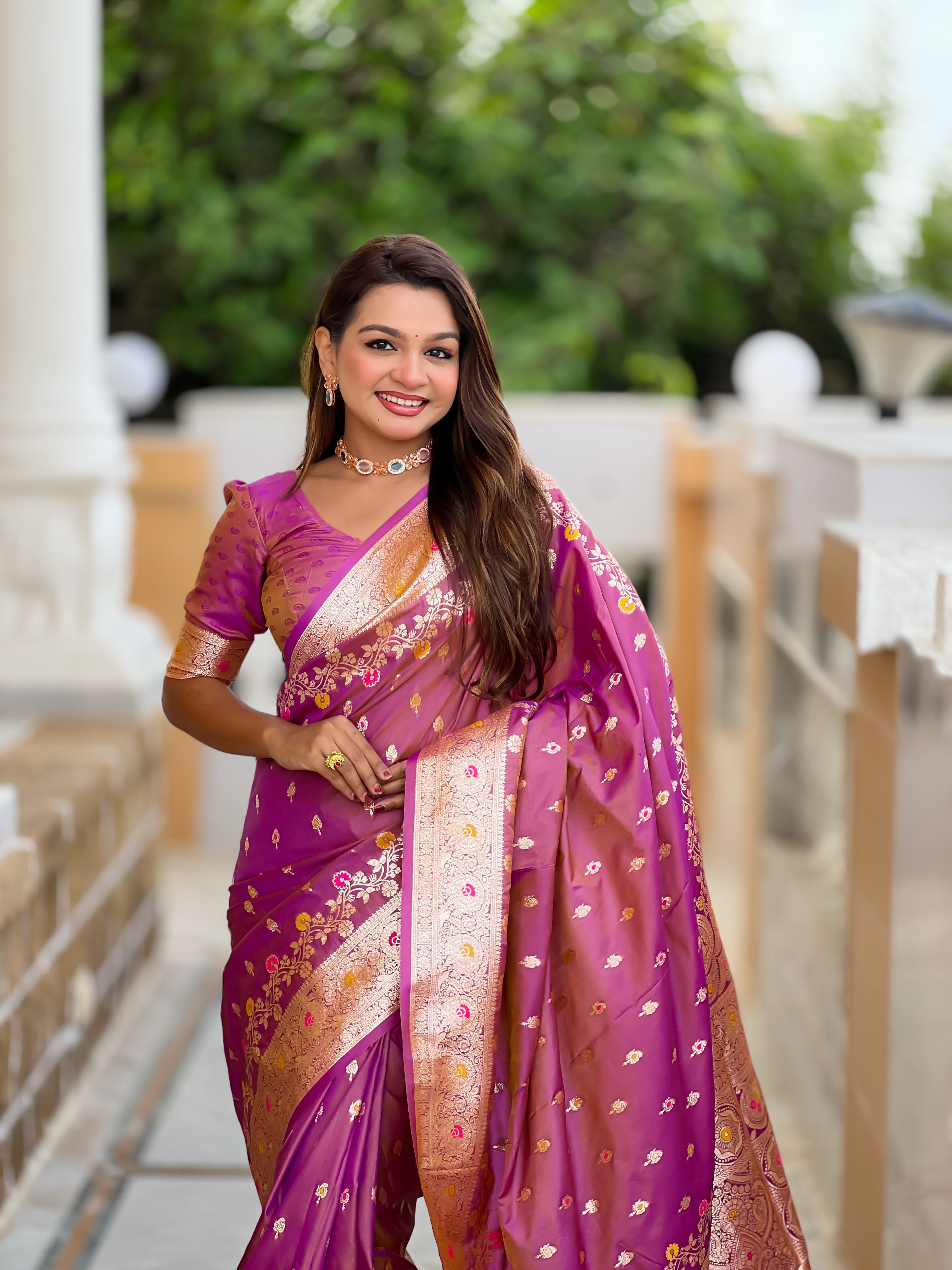 Banarasi Silk Woven Meenakari Designer Onion Sophisticated Ethnic Ceremonial Saree