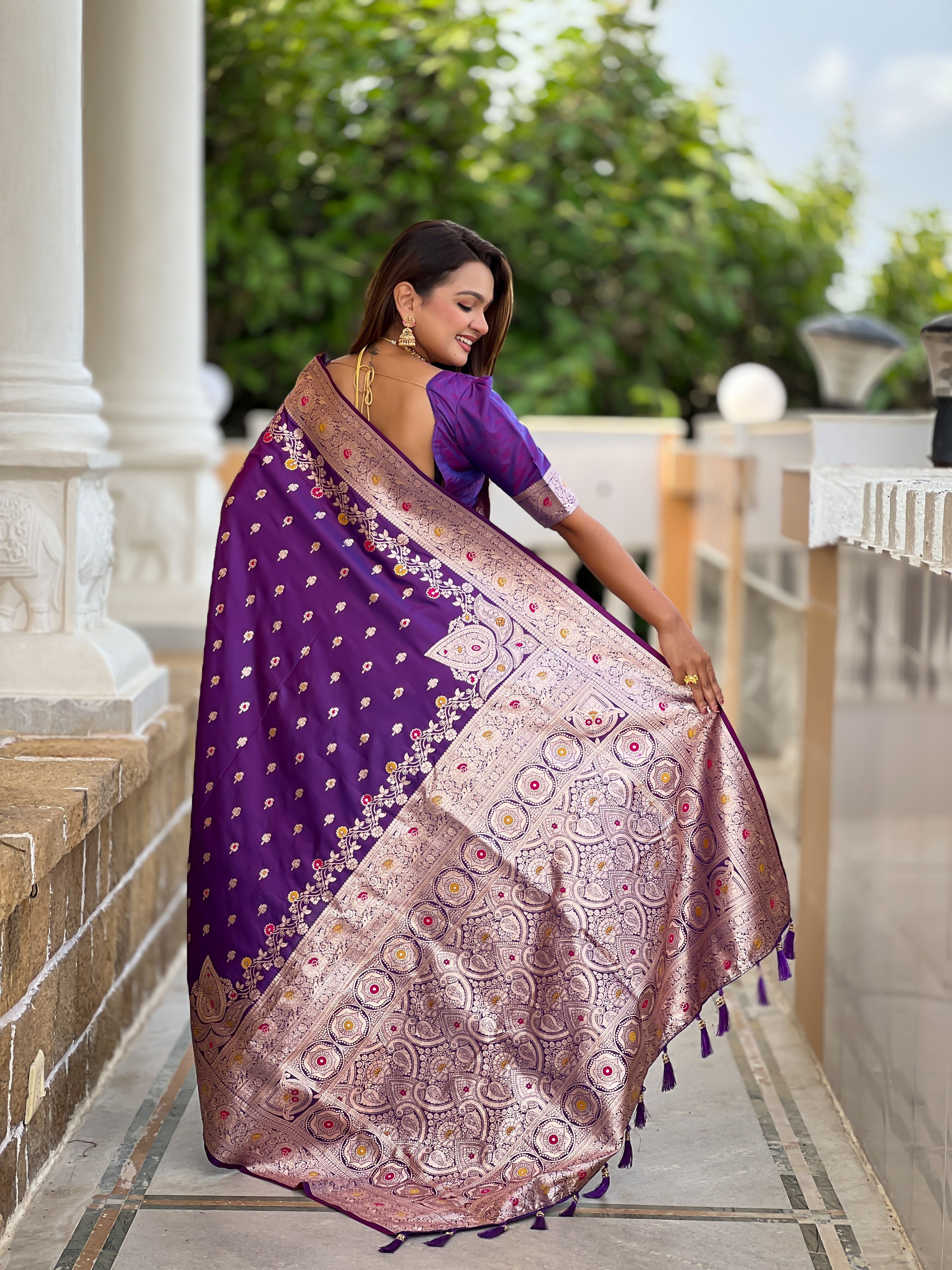 Banarasi Silk Woven Meenakari Designer Purple Sophisticated Ethnic Ceremonial Saree