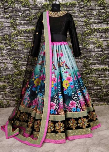 Beautiful Blue Floral Printed Silk Wedding Lehenga Choli with Dupatta
