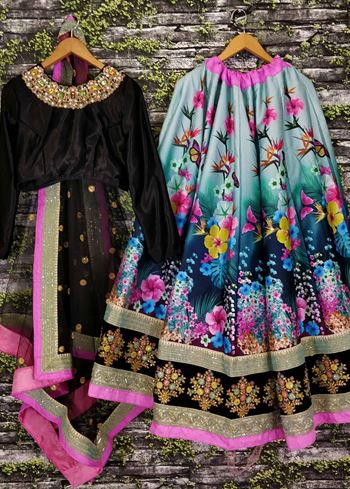 Beautiful Blue Floral Printed Silk Wedding Lehenga Choli with Dupatta