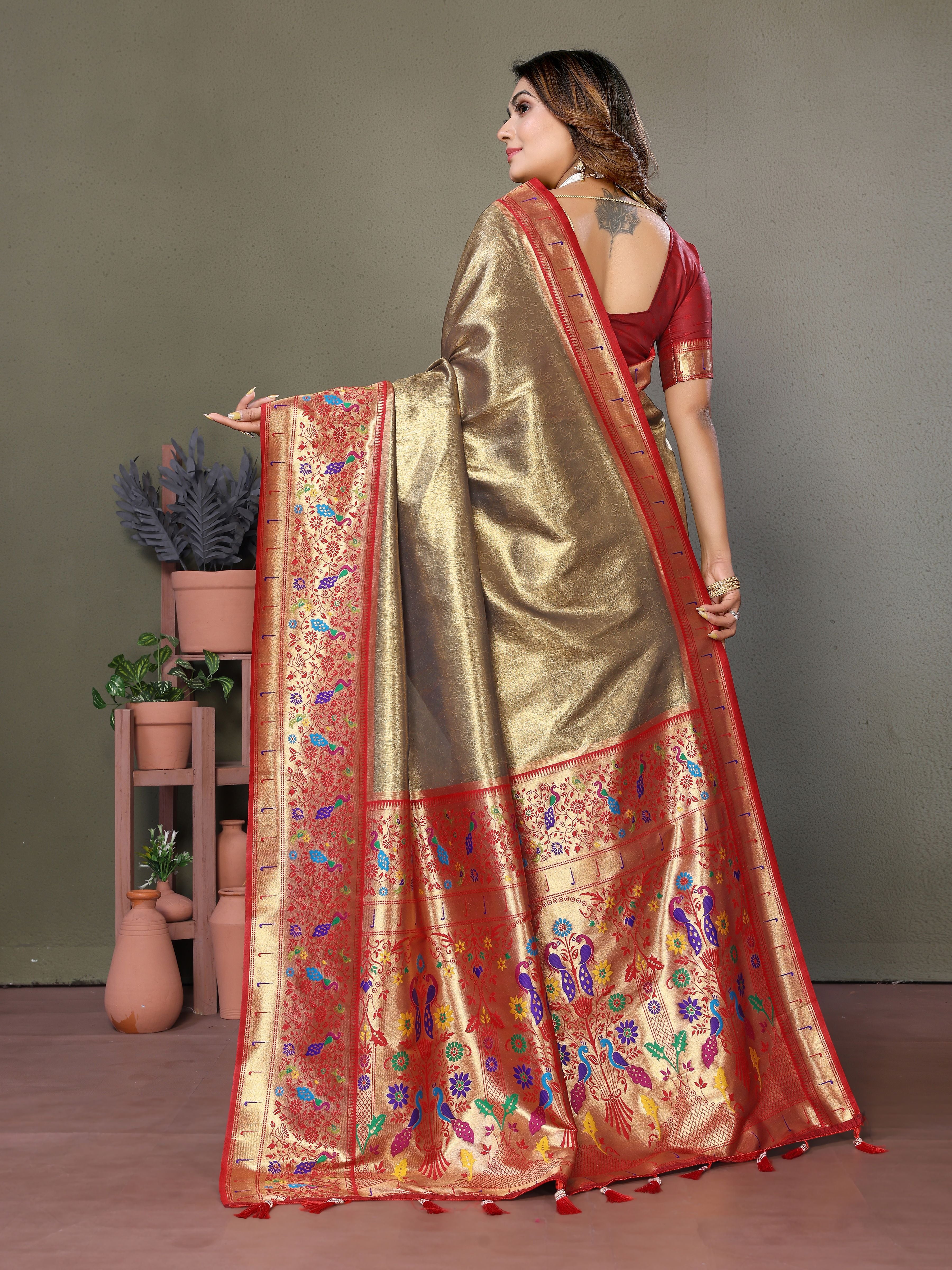 Beautiful Brown Banarasi Tissue Silk Partywear Saree
