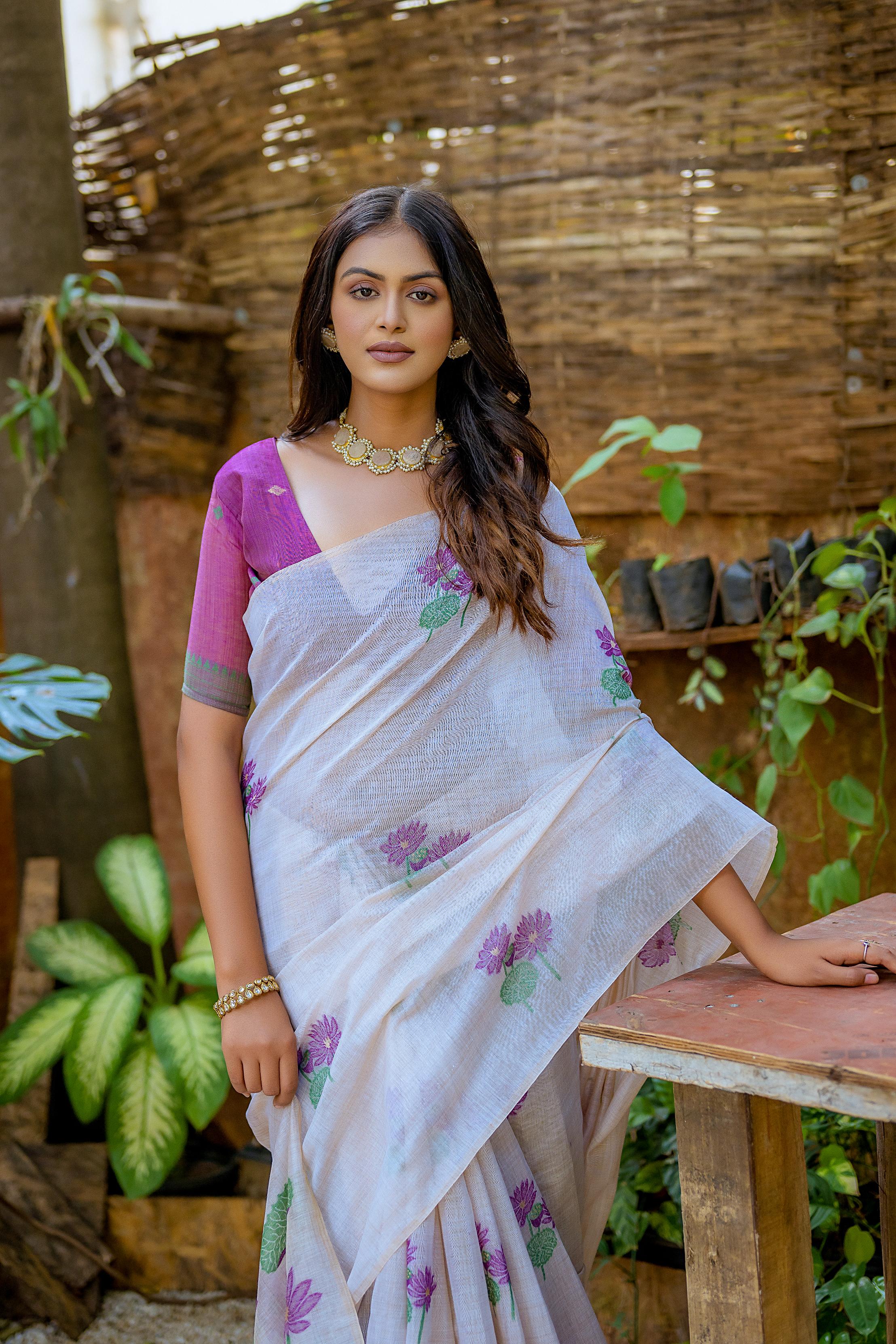 Beautiful Floral Weaving Designer Off White Muga Cotton Rich Looks Saree