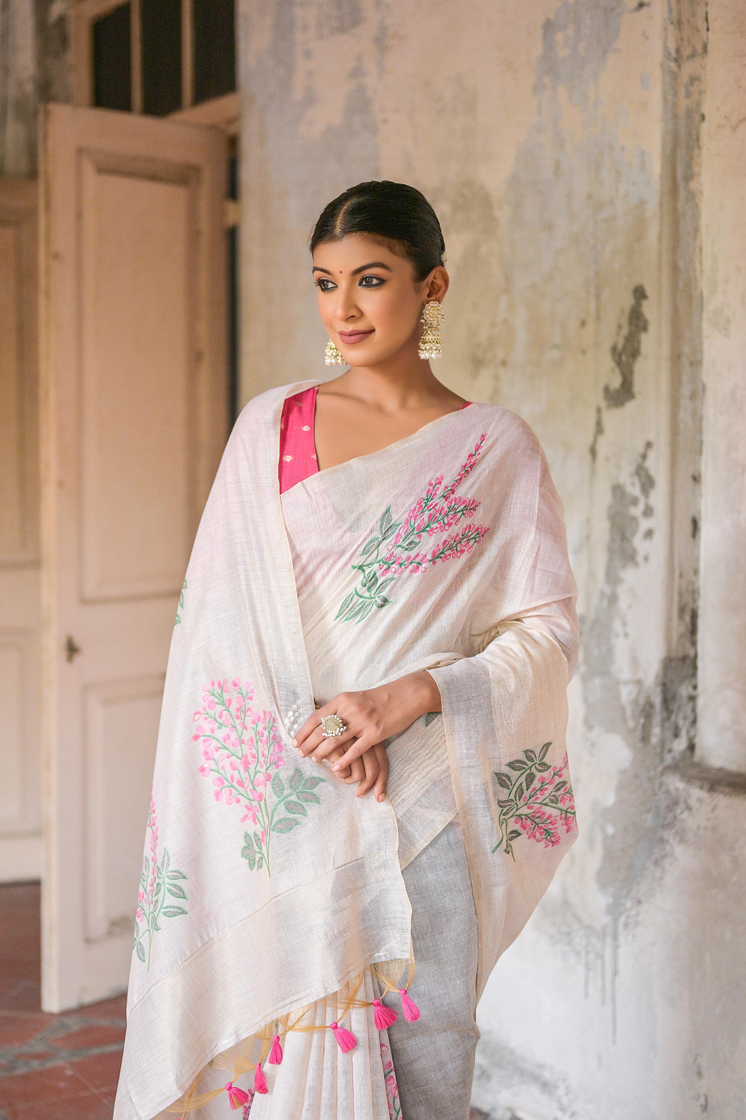 Beautiful Floral Weaving Designer Off White Muga Cotton Rich Looks Saree