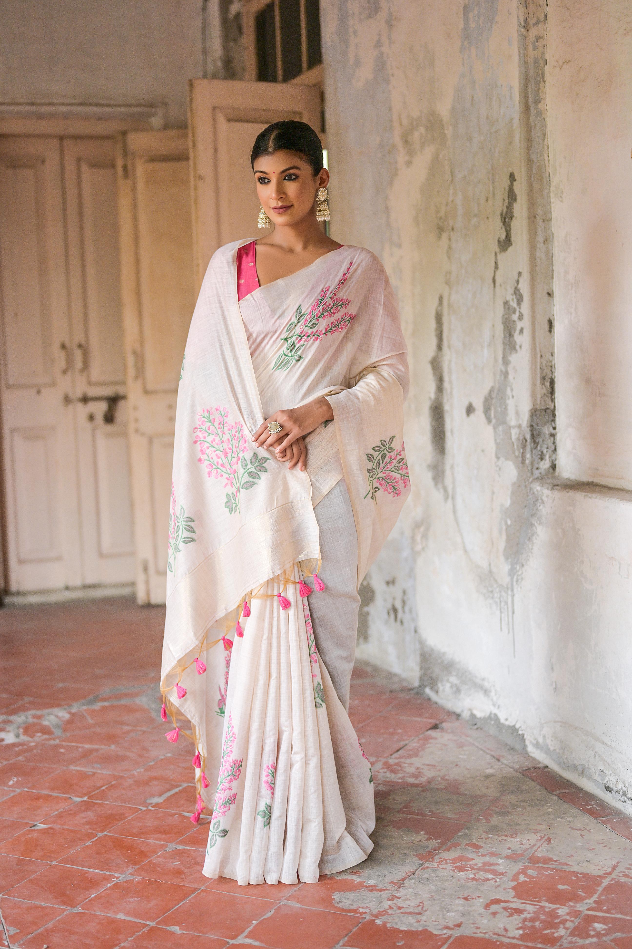 Beautiful Floral Weaving Designer Off White Muga Cotton Rich Looks Saree
