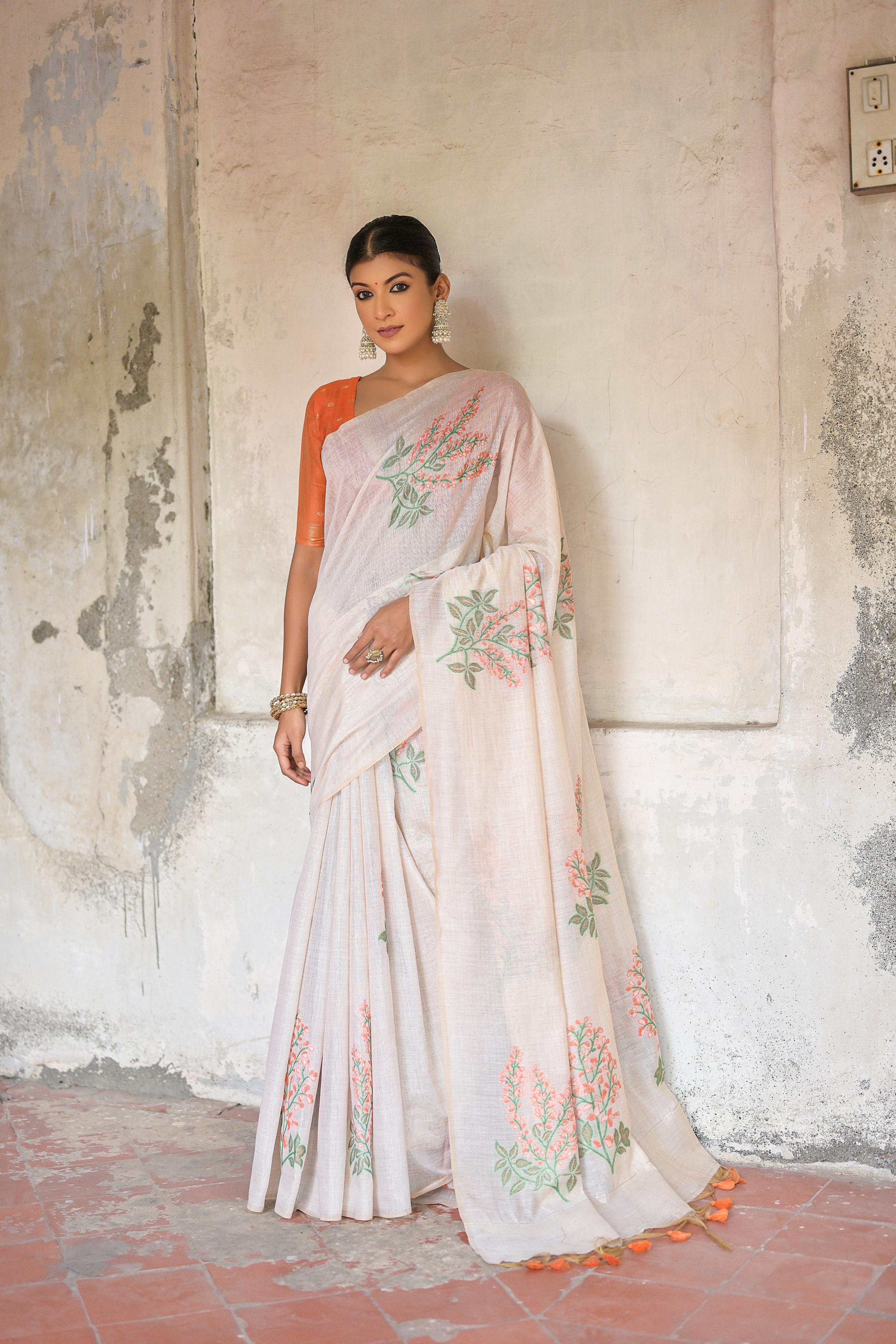 Beautiful Floral Weaving Designer Off White Muga Cotton Rich Looks Saree