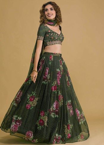 Beautiful Green Floral Printed Organza Lehenga Choli With Dupatta