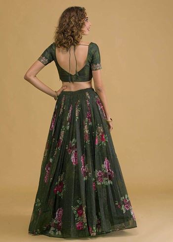 Beautiful Green Floral Printed Organza Lehenga Choli With Dupatta