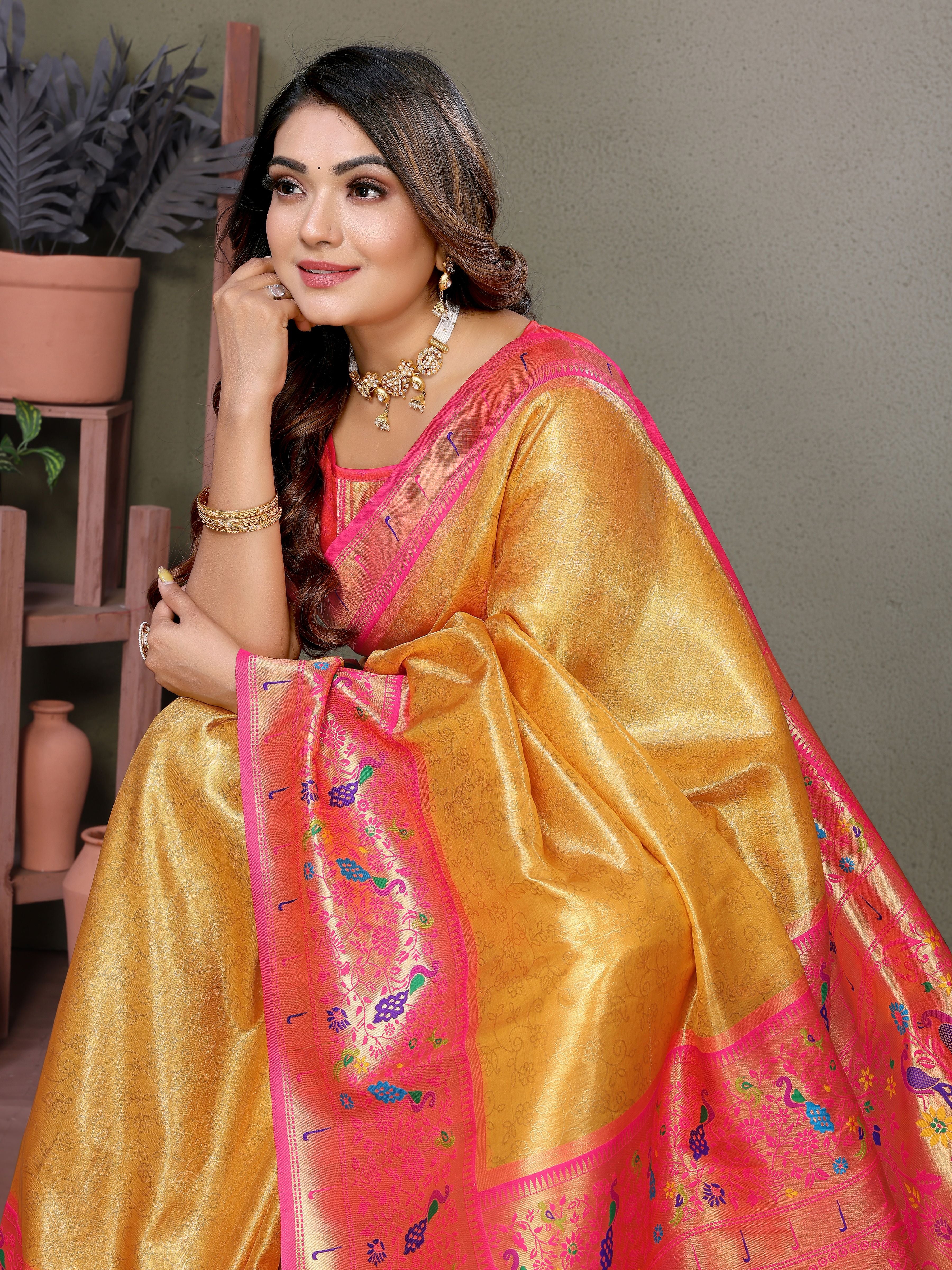 Beautiful Mustard Banarasi Tissue Silk Partywear Saree