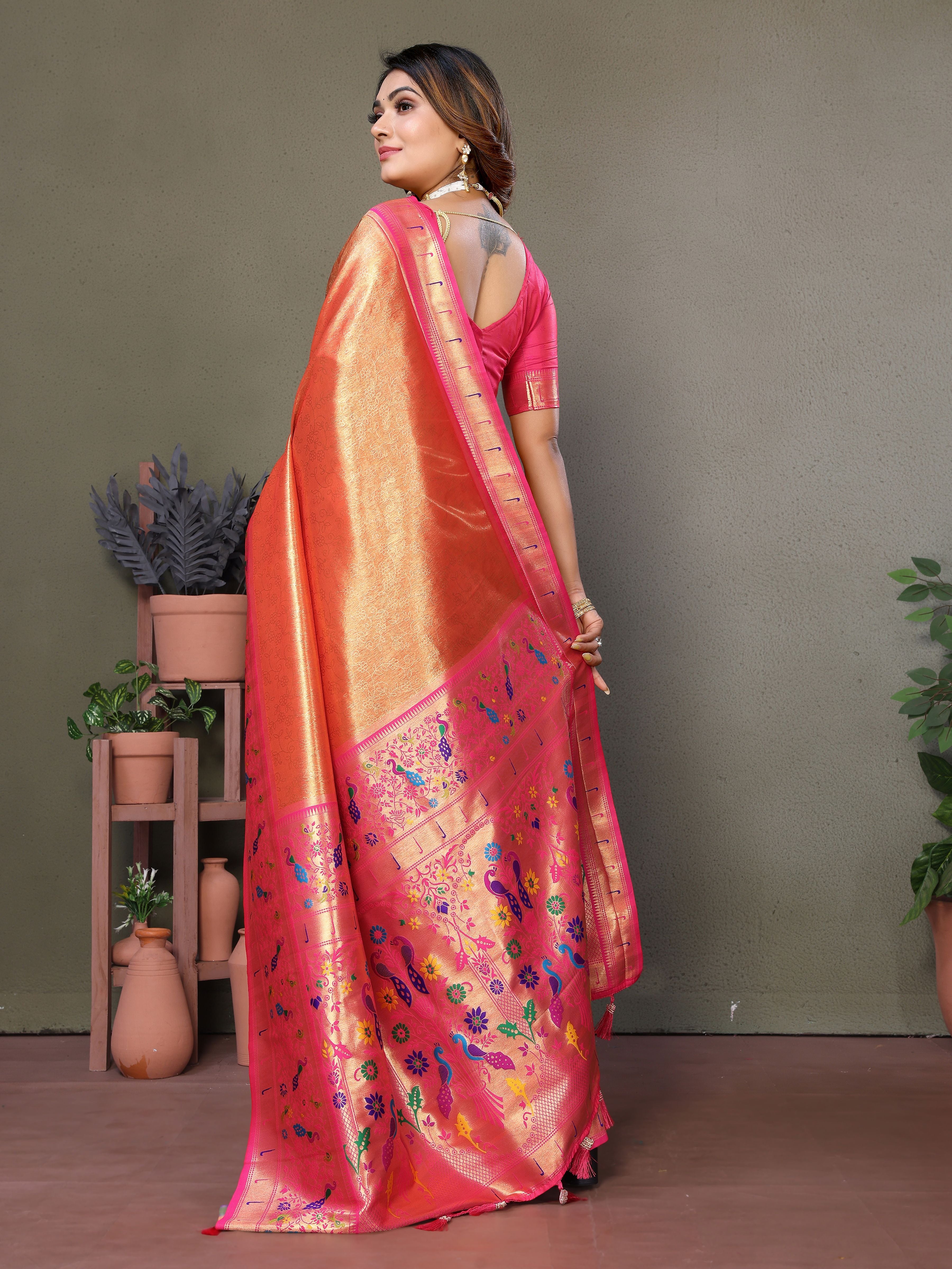 Beautiful Orange Banarasi Tissue Silk Partywear Saree