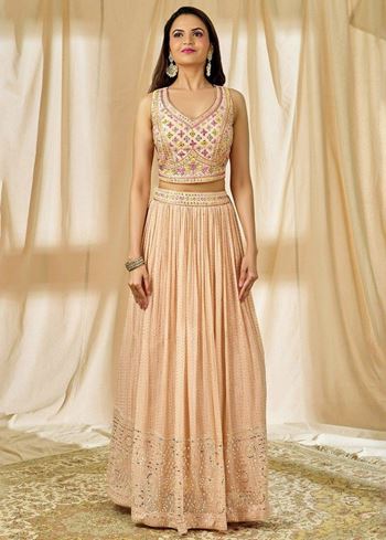 Beautiful Peach Thread Embroidered Georgette Wedding Lehenga Choli