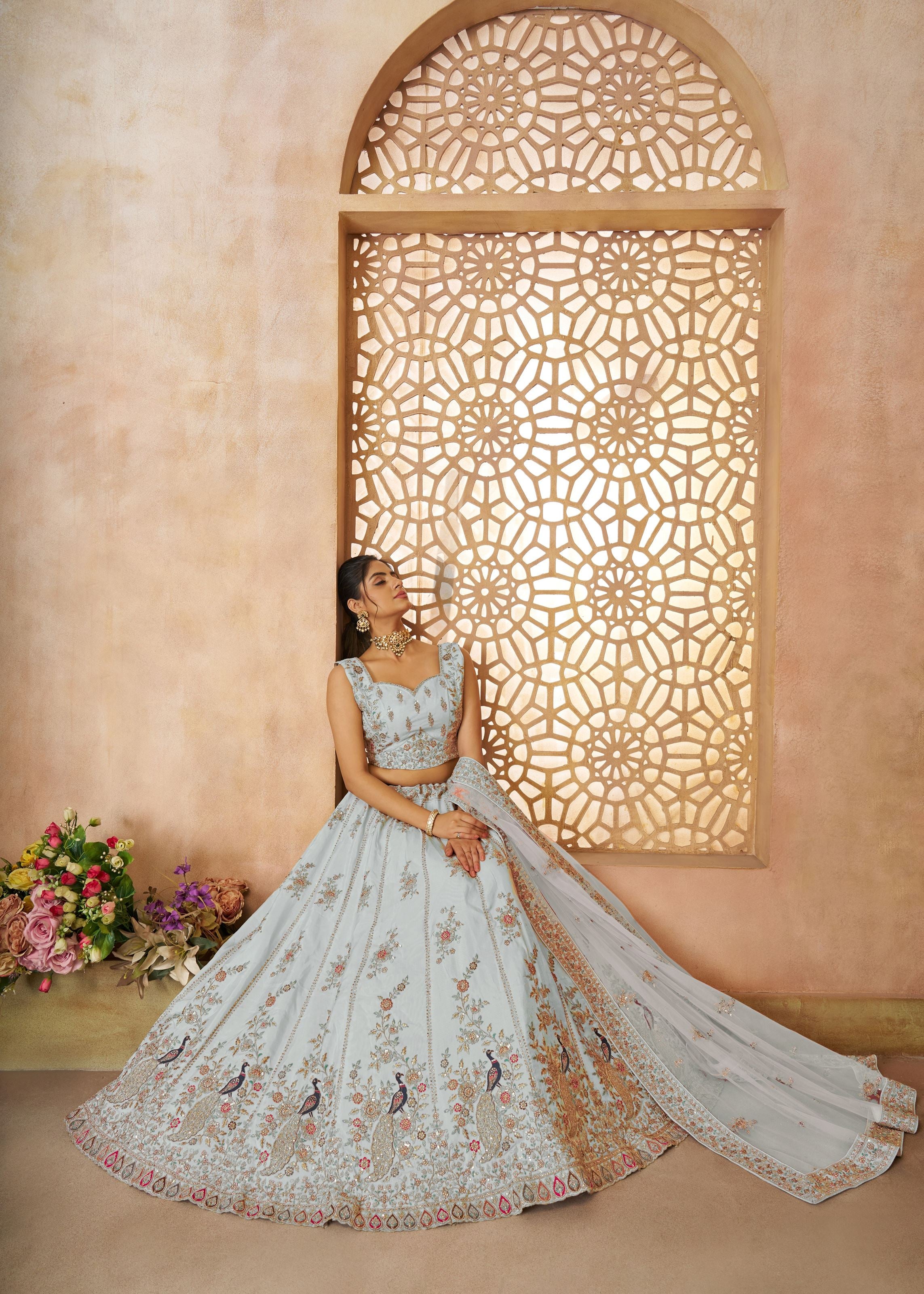 Beautiful Sky Blue Color Sequins Chinon Reception Wear Lehenga Choli