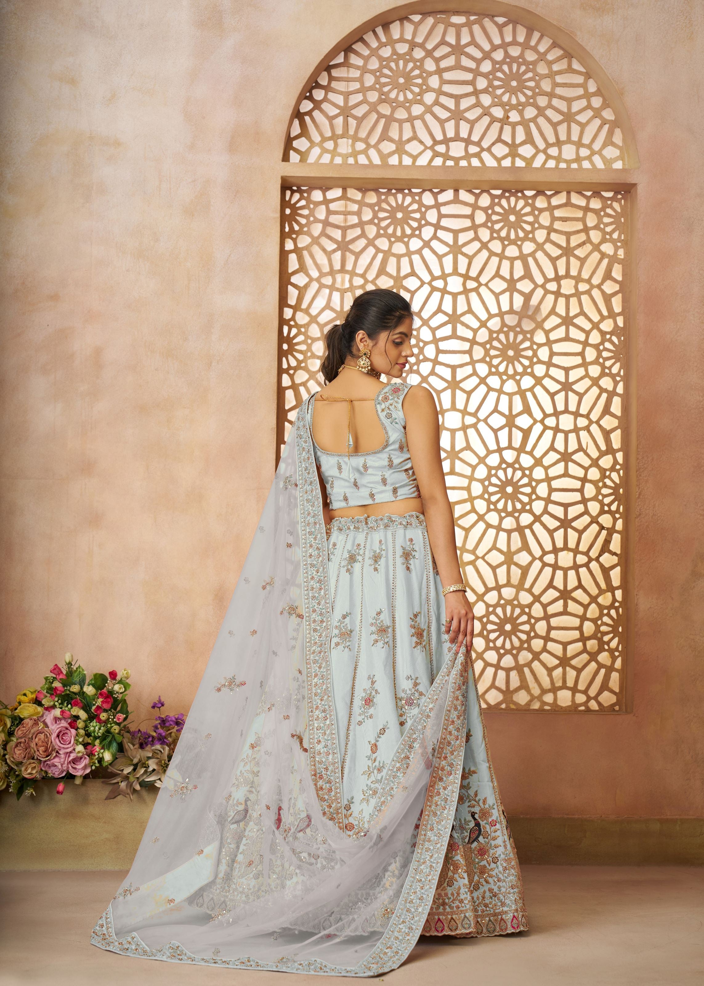 Beautiful Sky Blue Color Sequins Chinon Reception Wear Lehenga Choli