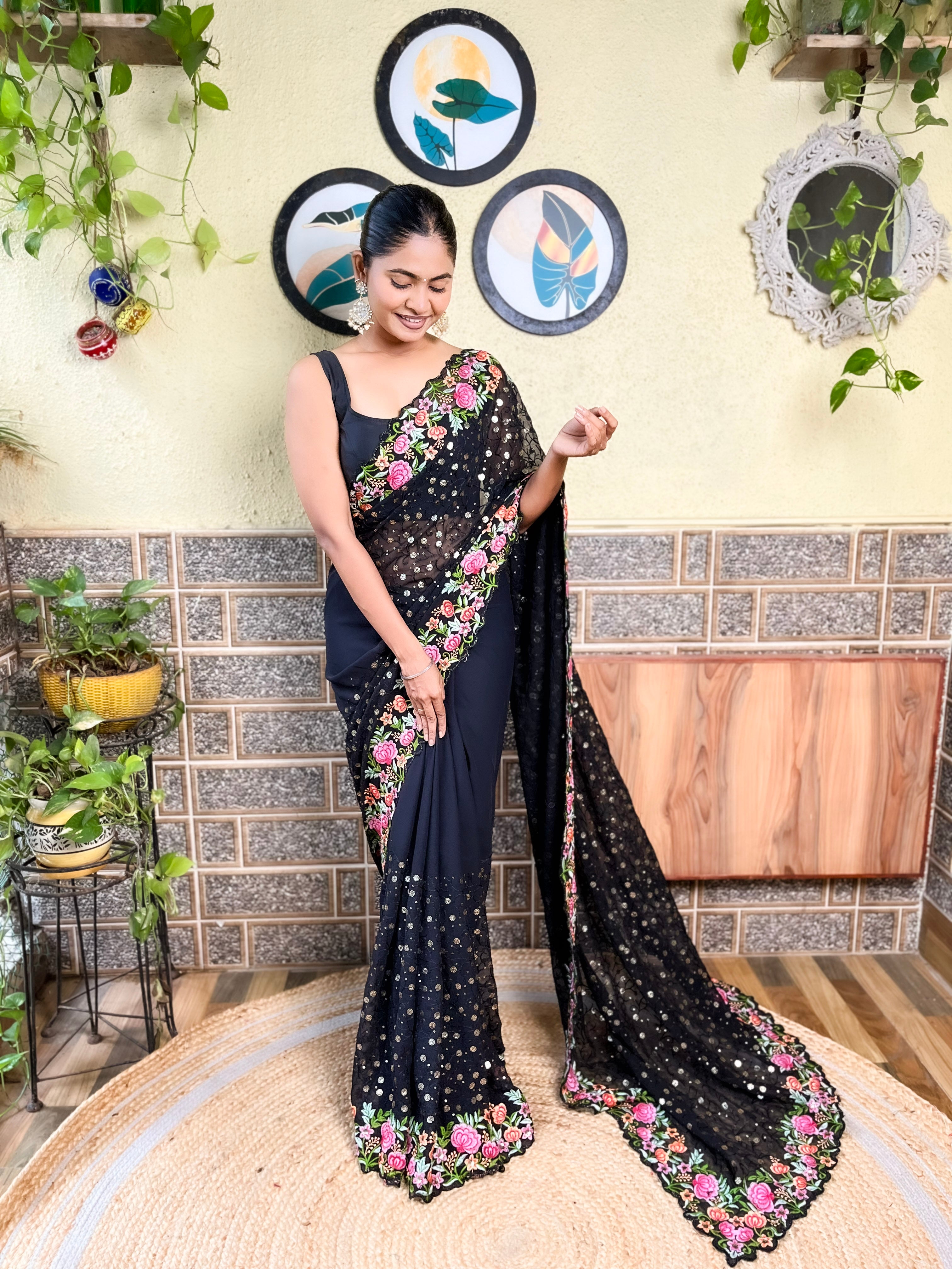 Beautifuly Designer Georgette Black Saree With Glamorous Embroidery Work For Ceremonial Work