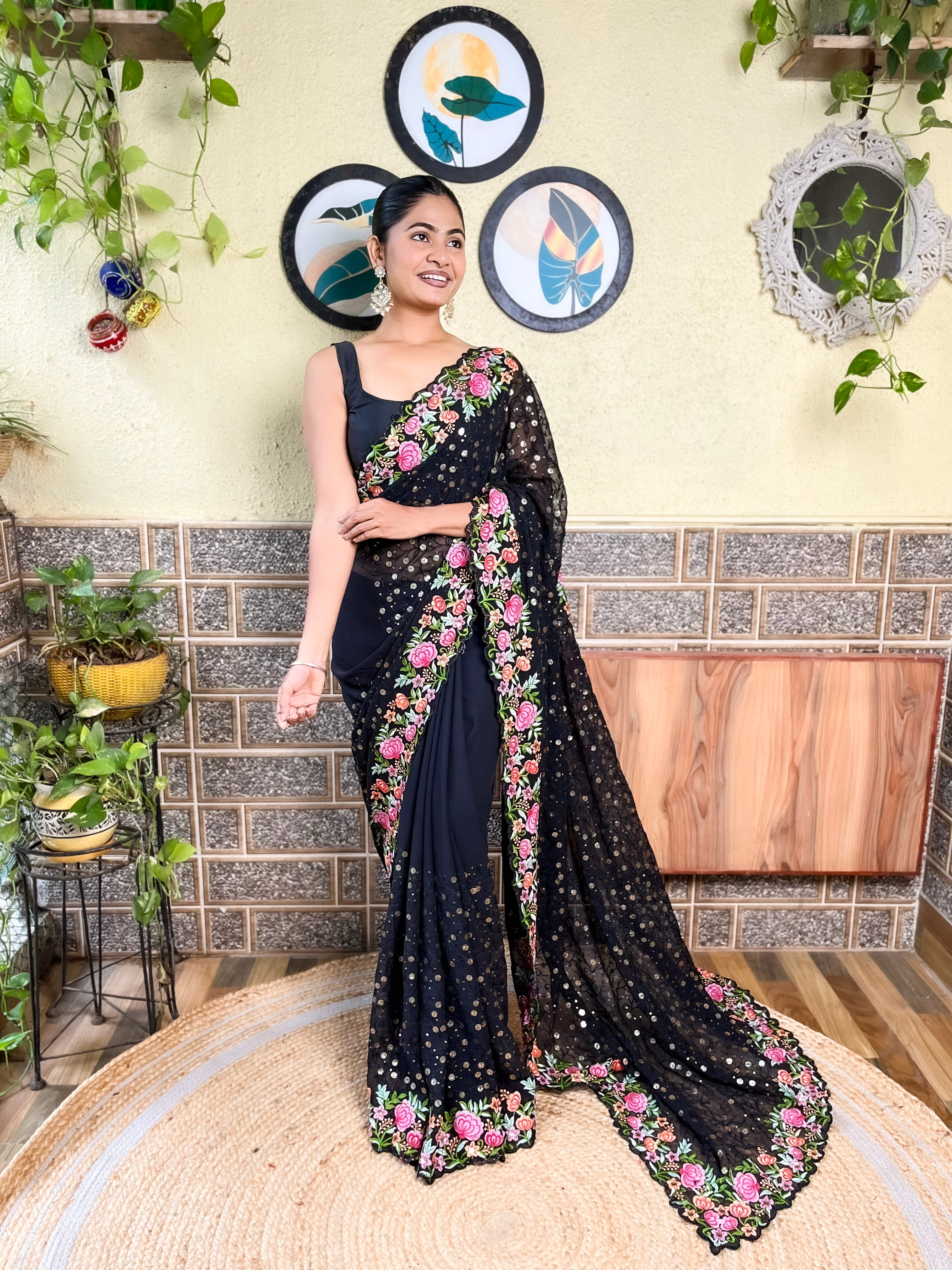 Beautifuly Designer Georgette Black Saree With Glamorous Embroidery Work For Ceremonial Work