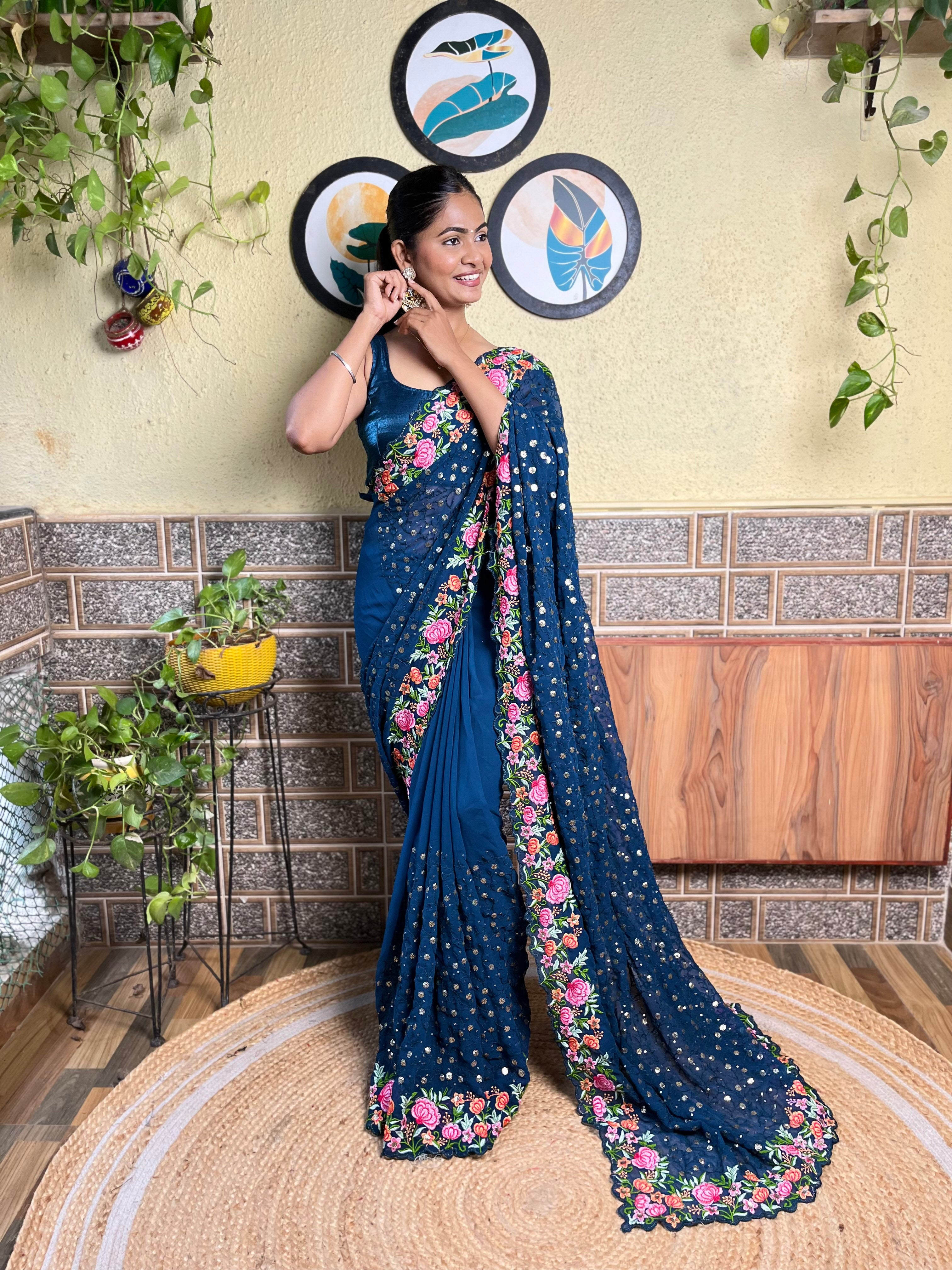 Beautifuly Designer Georgette Blue Saree With Glamorous Embroidery Work For Ceremonial Work