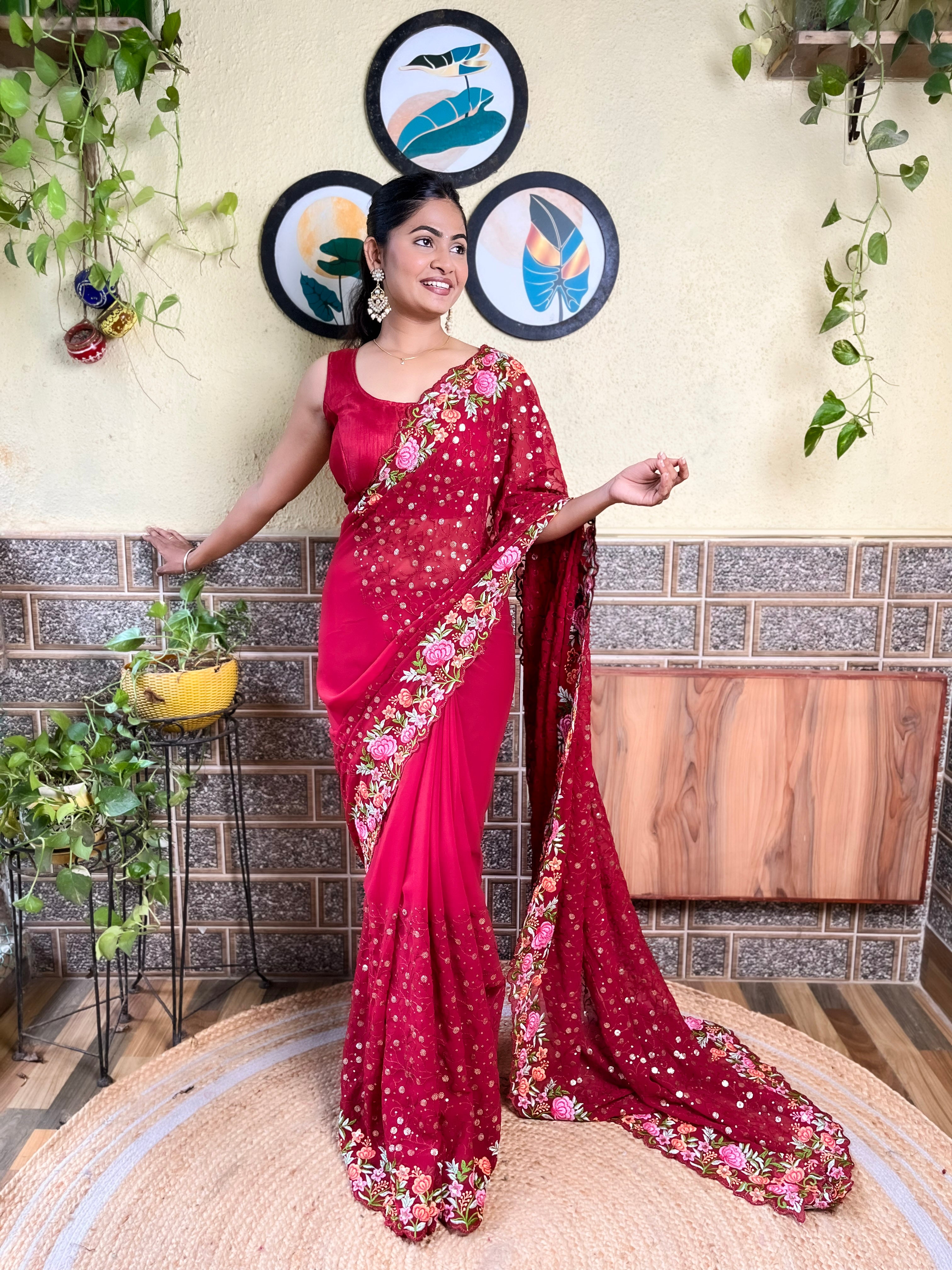 Beautifuly Designer Georgette Maroon Saree With Glamorous Embroidery Work For Ceremonial Work