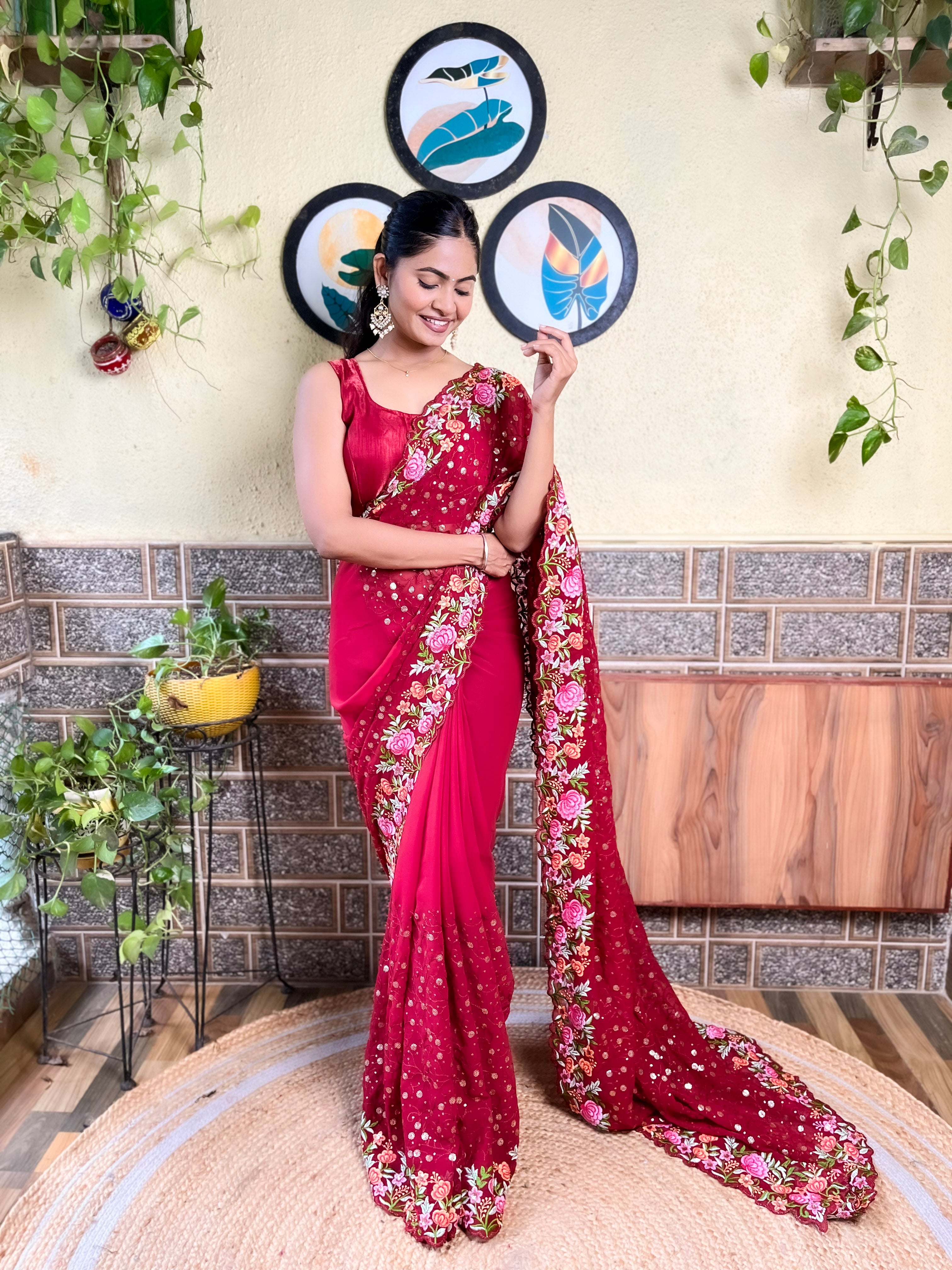 Beautifuly Designer Georgette Maroon Saree With Glamorous Embroidery Work For Ceremonial Work