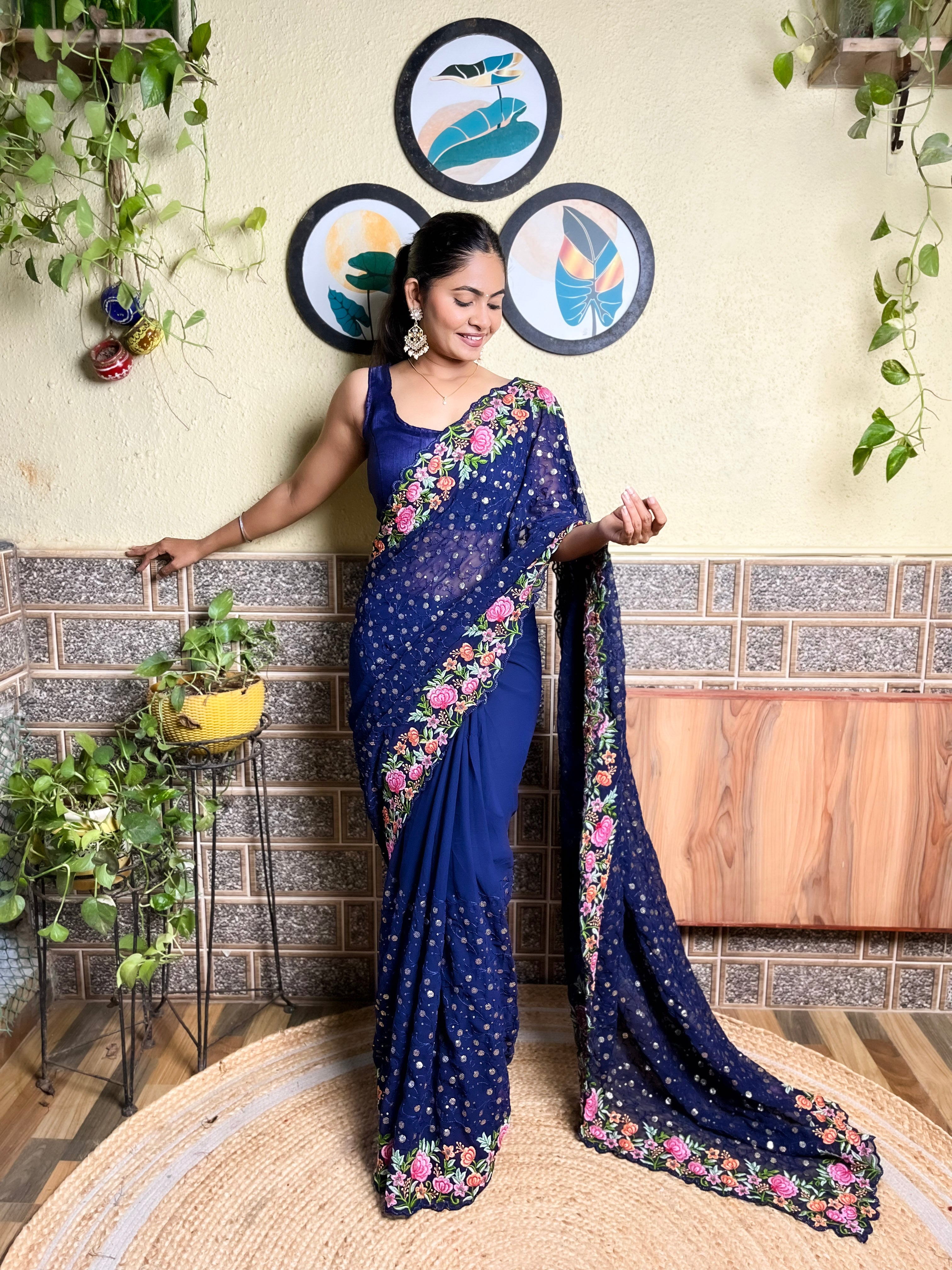 Beautifuly Designer Georgette Navy Blue Saree With Glamorous Embroidery Work For Ceremonial Work