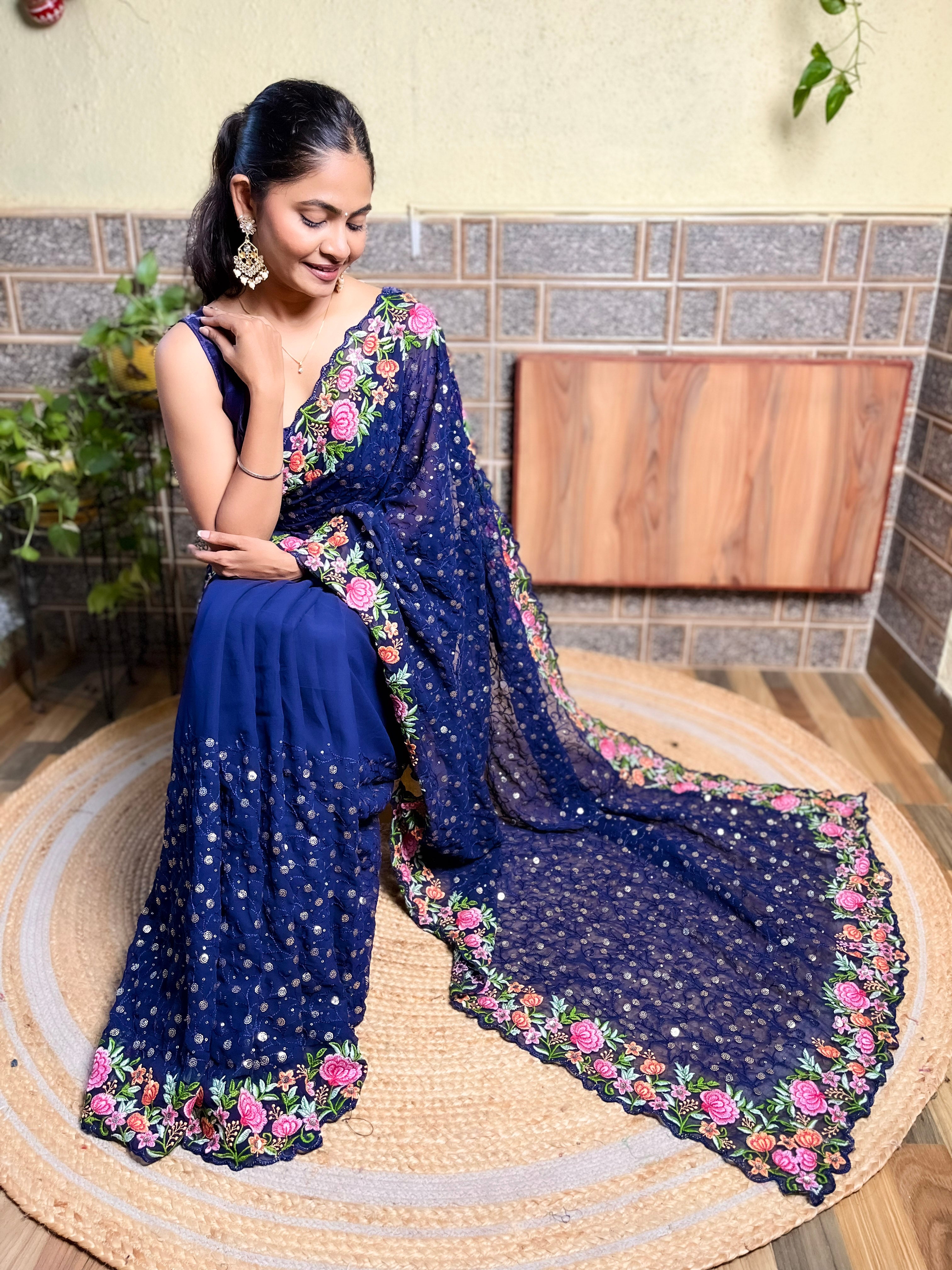 Beautifuly Designer Georgette Navy Blue Saree With Glamorous Embroidery Work For Ceremonial Work
