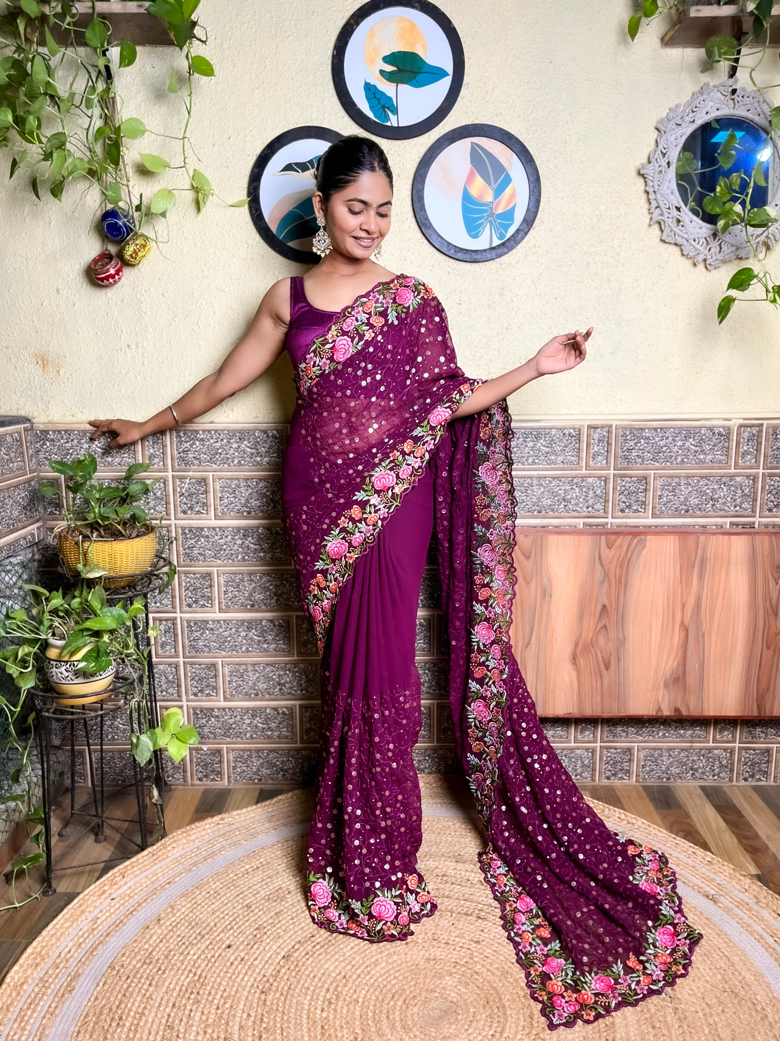 Beautifuly Designer Georgette Wine Saree With Glamorous Embroidery Work For Ceremonial Work