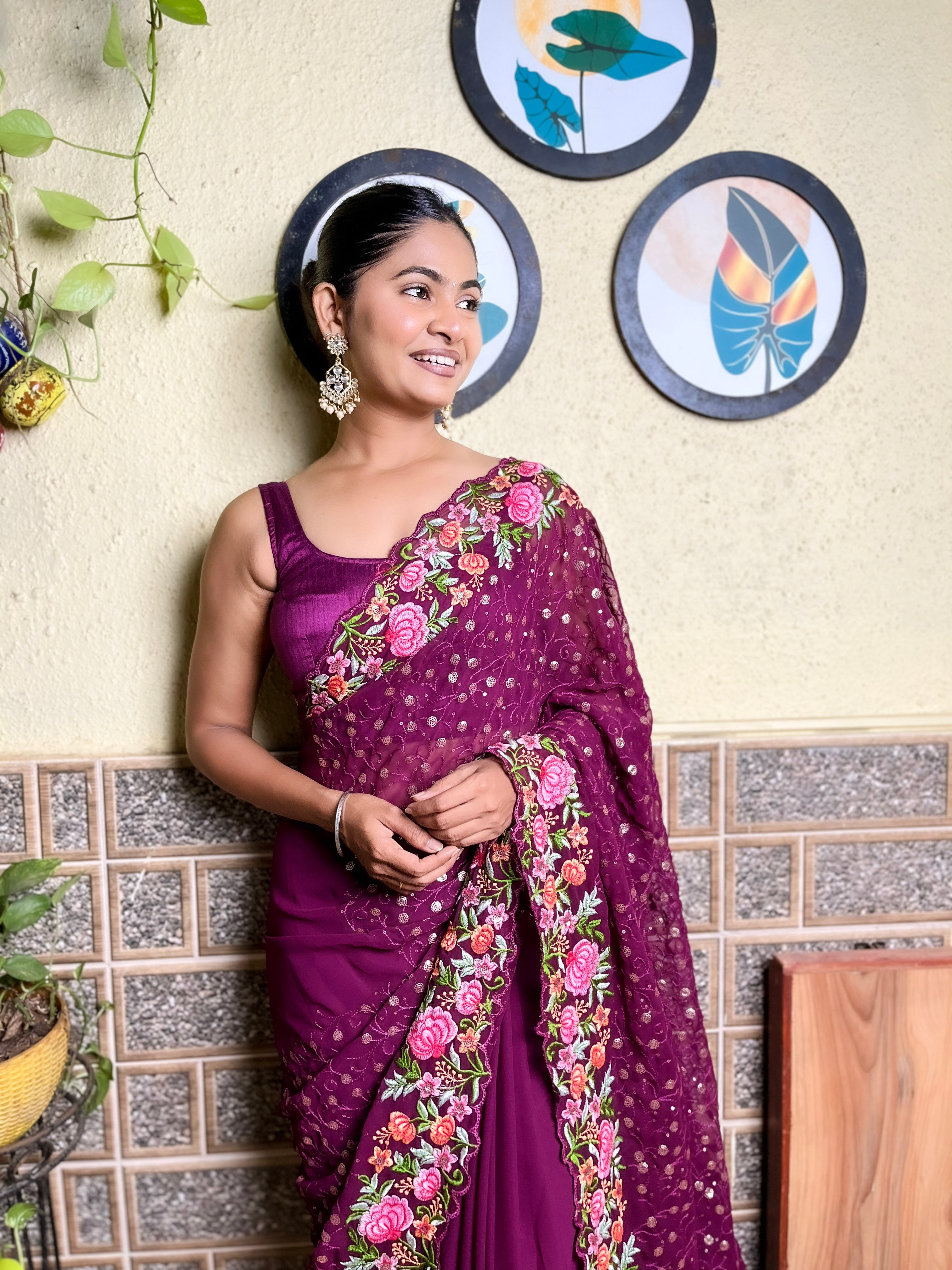 Beautifuly Designer Georgette Wine Saree With Glamorous Embroidery Work For Ceremonial Work