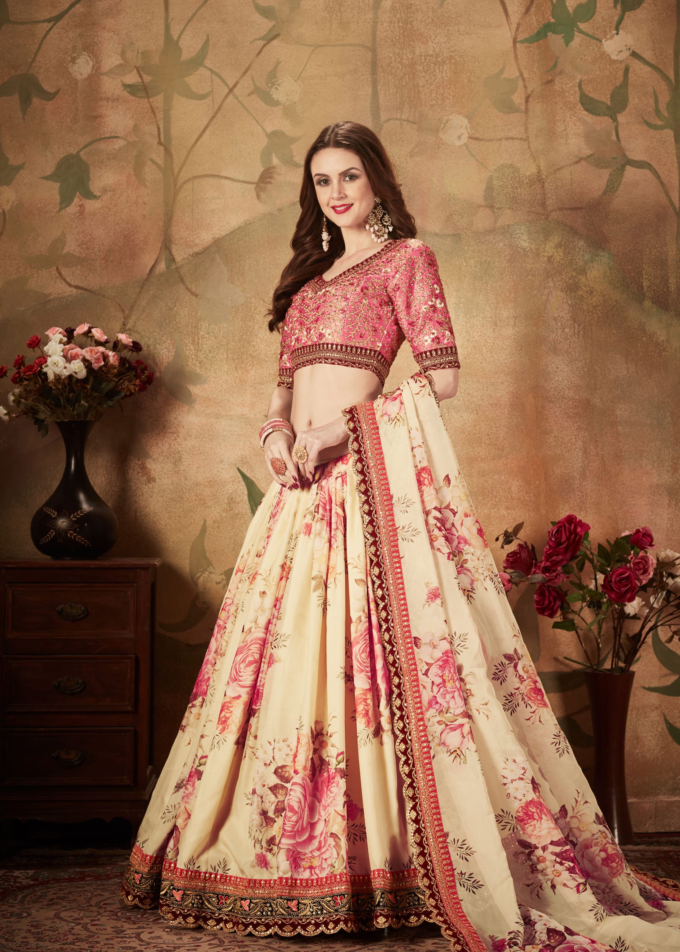Beige And Peach Lehenga Choli With Digital Print & Dori, Zari And Sequins Embroidery Work