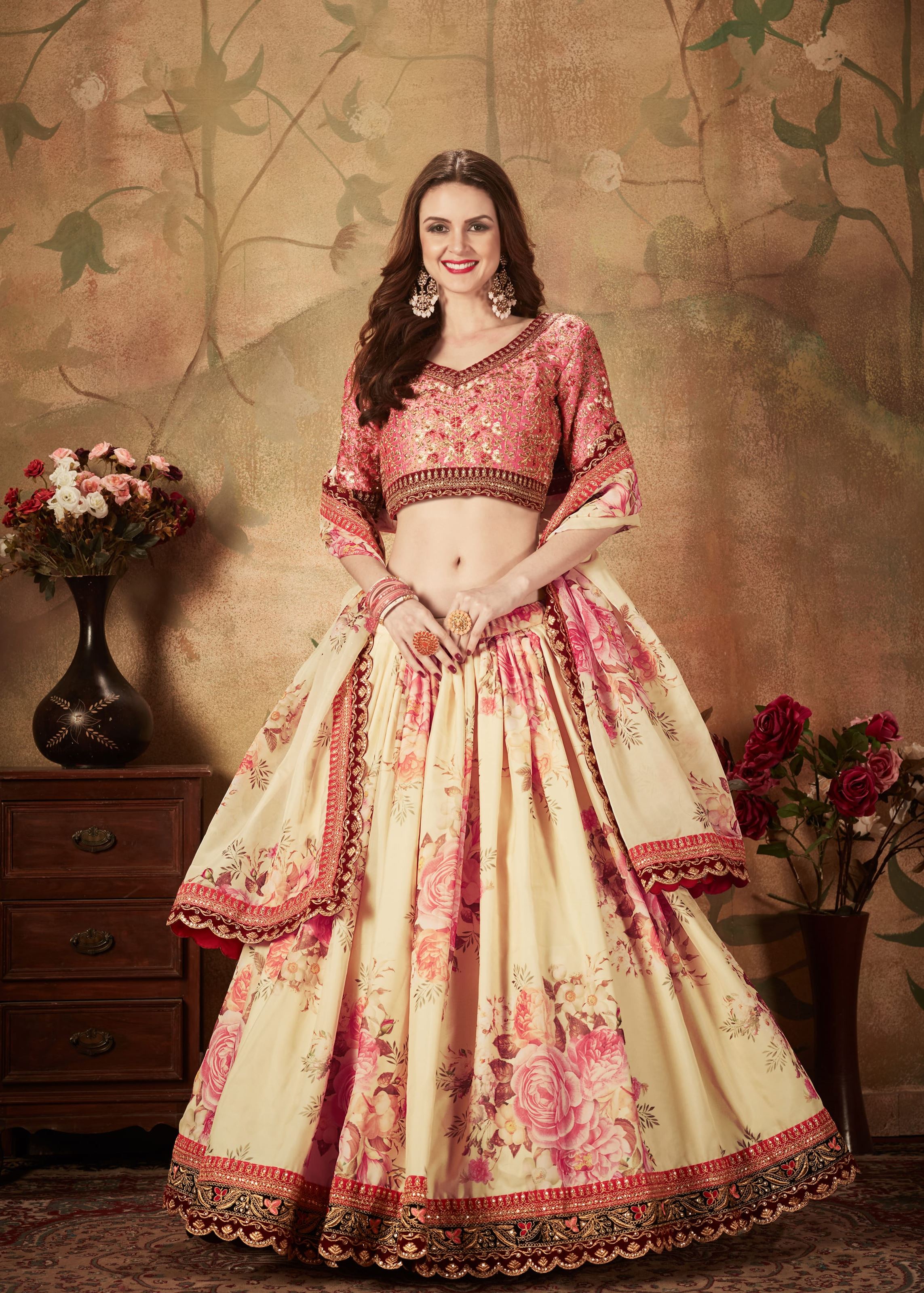 Beige And Peach Lehenga Choli With Digital Print & Dori, Zari And Sequins Embroidery Work