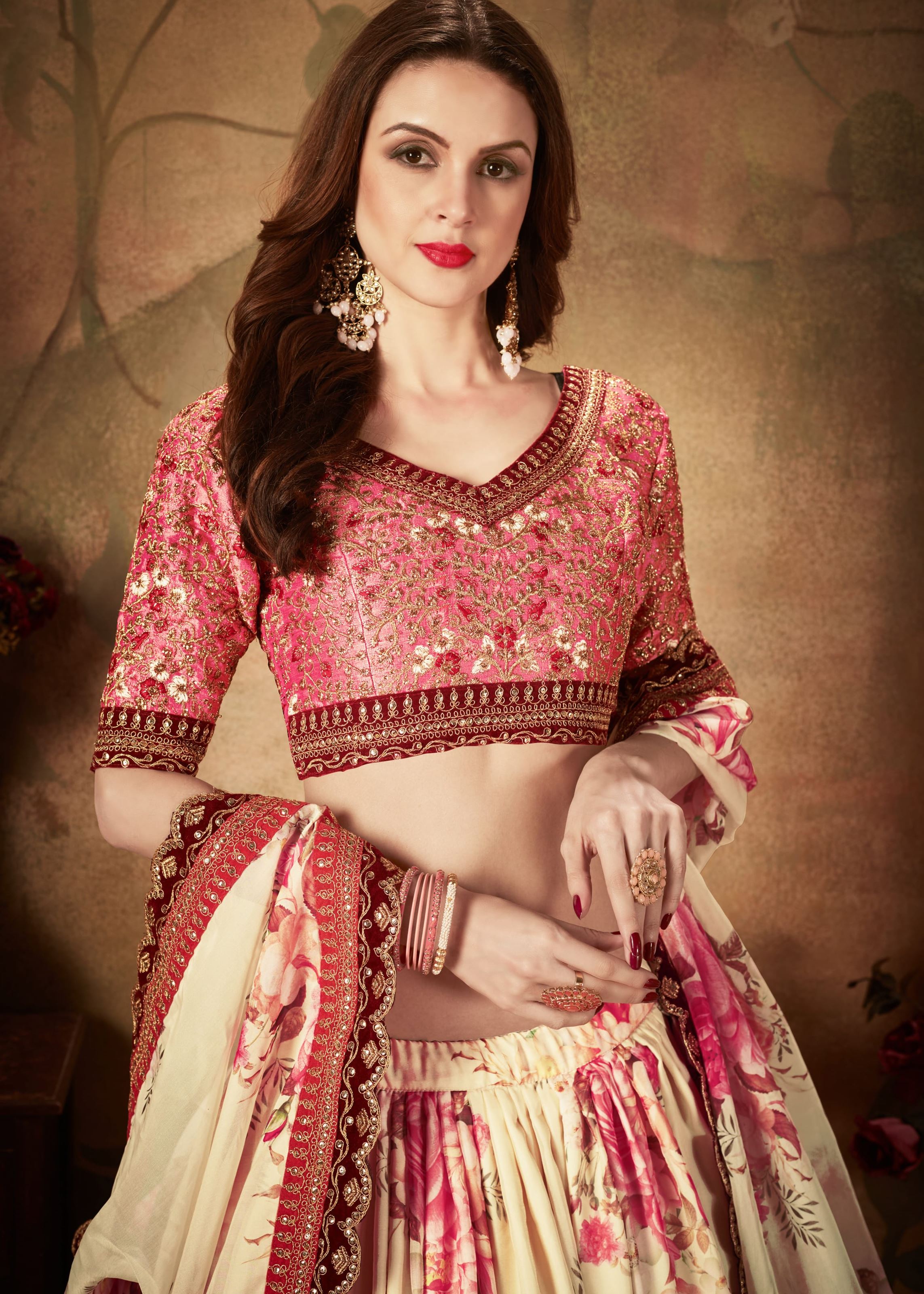 Beige And Peach Lehenga Choli With Digital Print & Dori, Zari And Sequins Embroidery Work