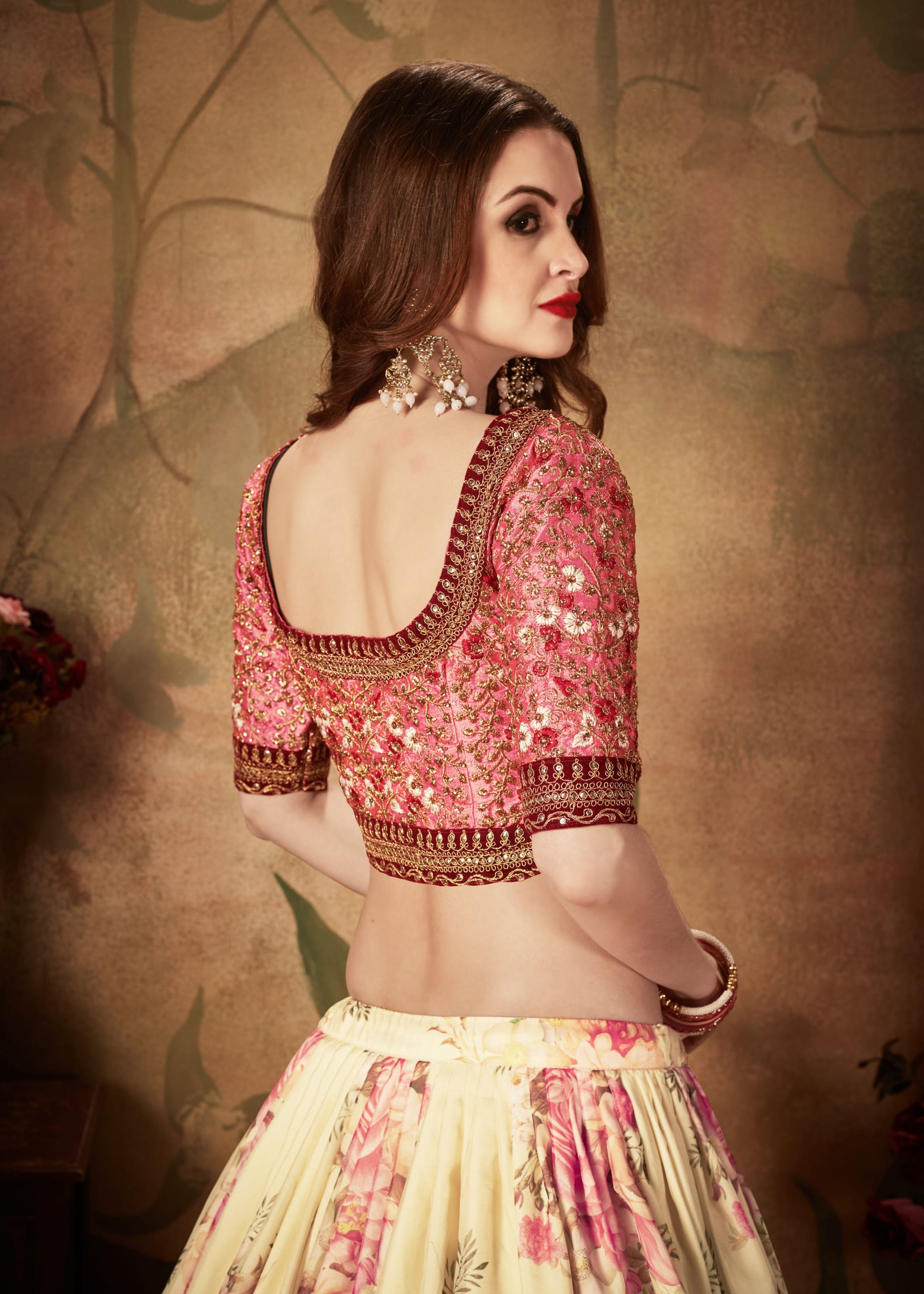 Beige And Peach Lehenga Choli With Digital Print & Dori, Zari And Sequins Embroidery Work