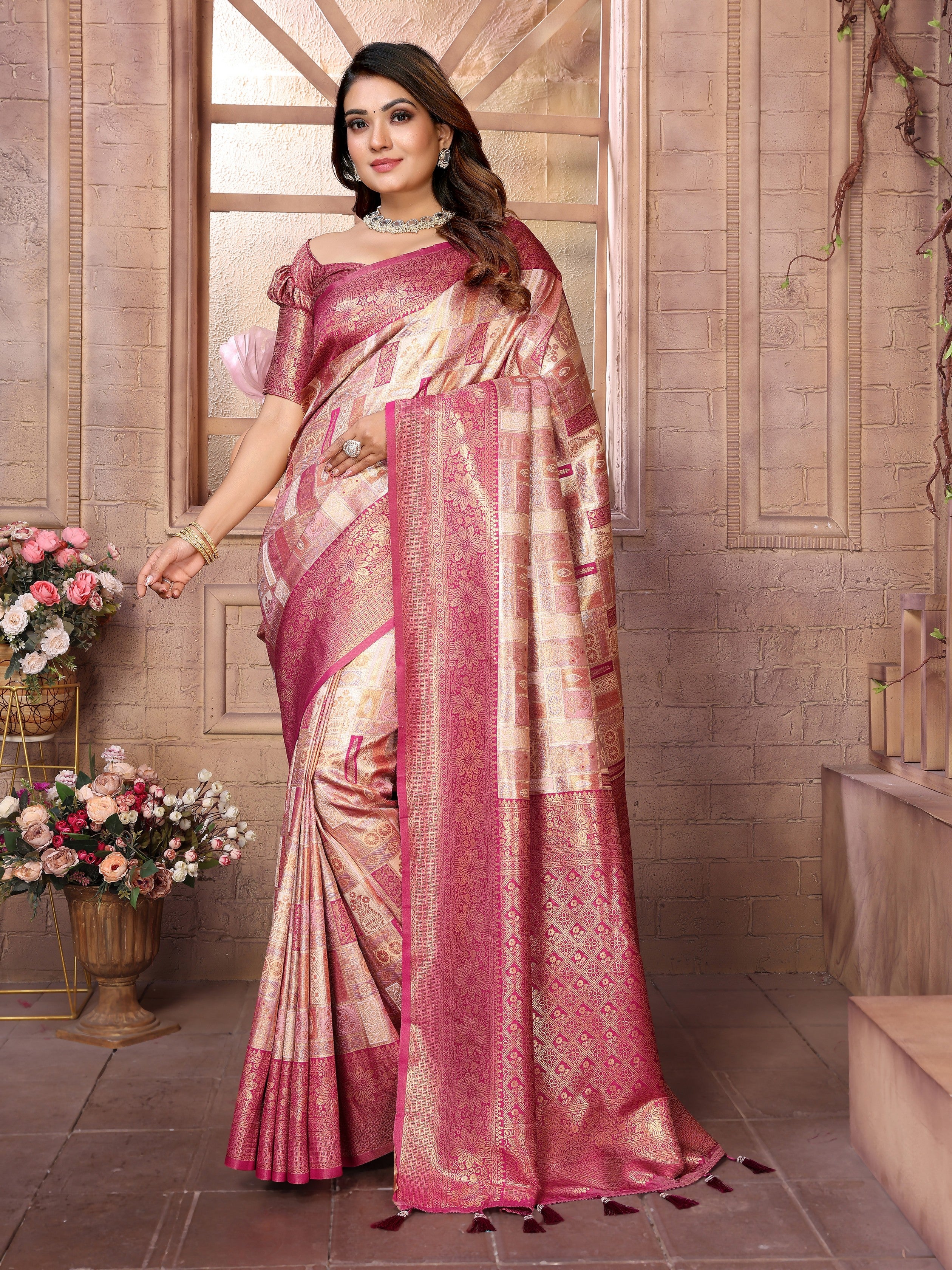 Beige Banarasi Chaturi Silk Ethnic Saree With Chaturi Woven Designer Work