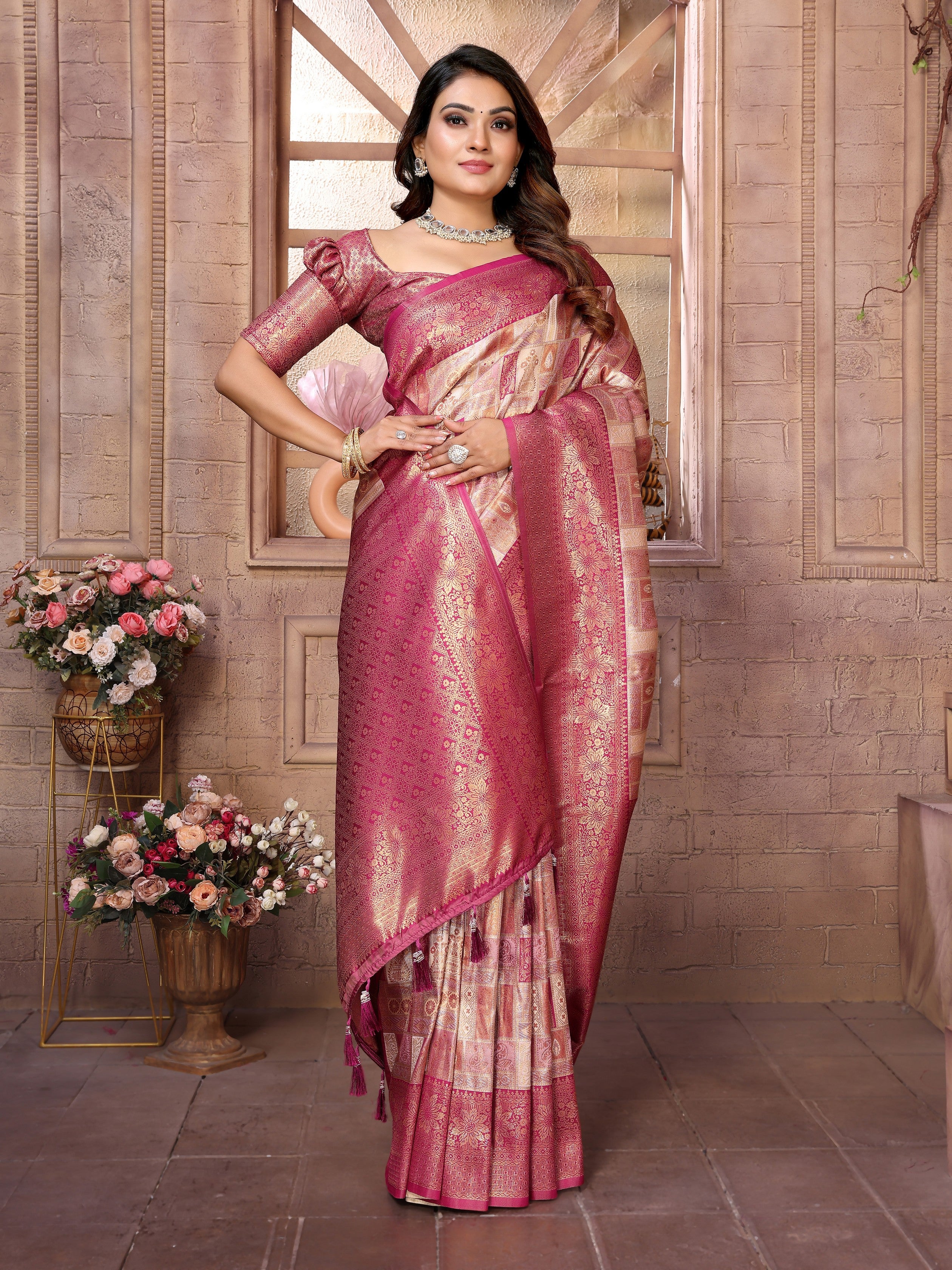 Beige Banarasi Chaturi Silk Ethnic Saree With Chaturi Woven Designer Work