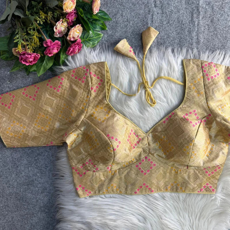 Beige Banarasi Jacquard Patola Designer Blouse Silk Partywear Readymade Blouse