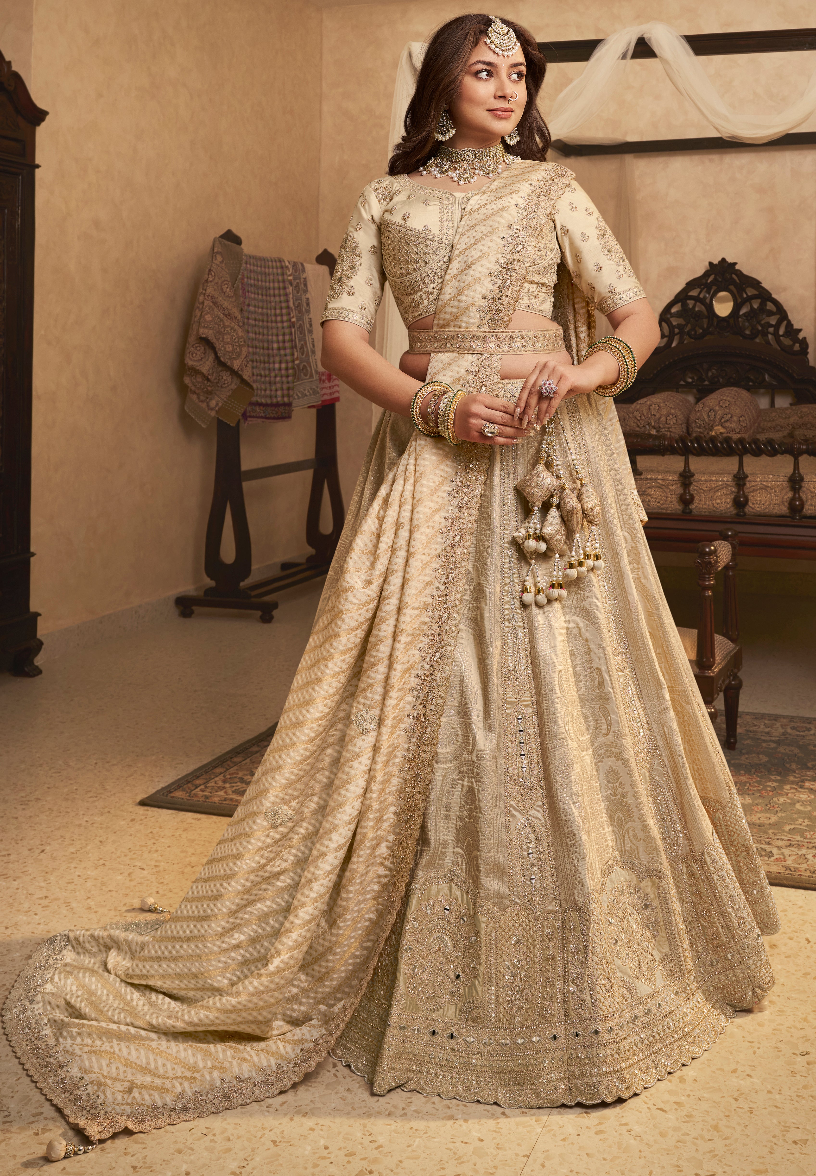 Beige Banarasi Premium Silk Lehenga Choli With Heavy Thread Embroidery, Sequence, Swarovski ,Stone With Zari, Khatli Weaving Work