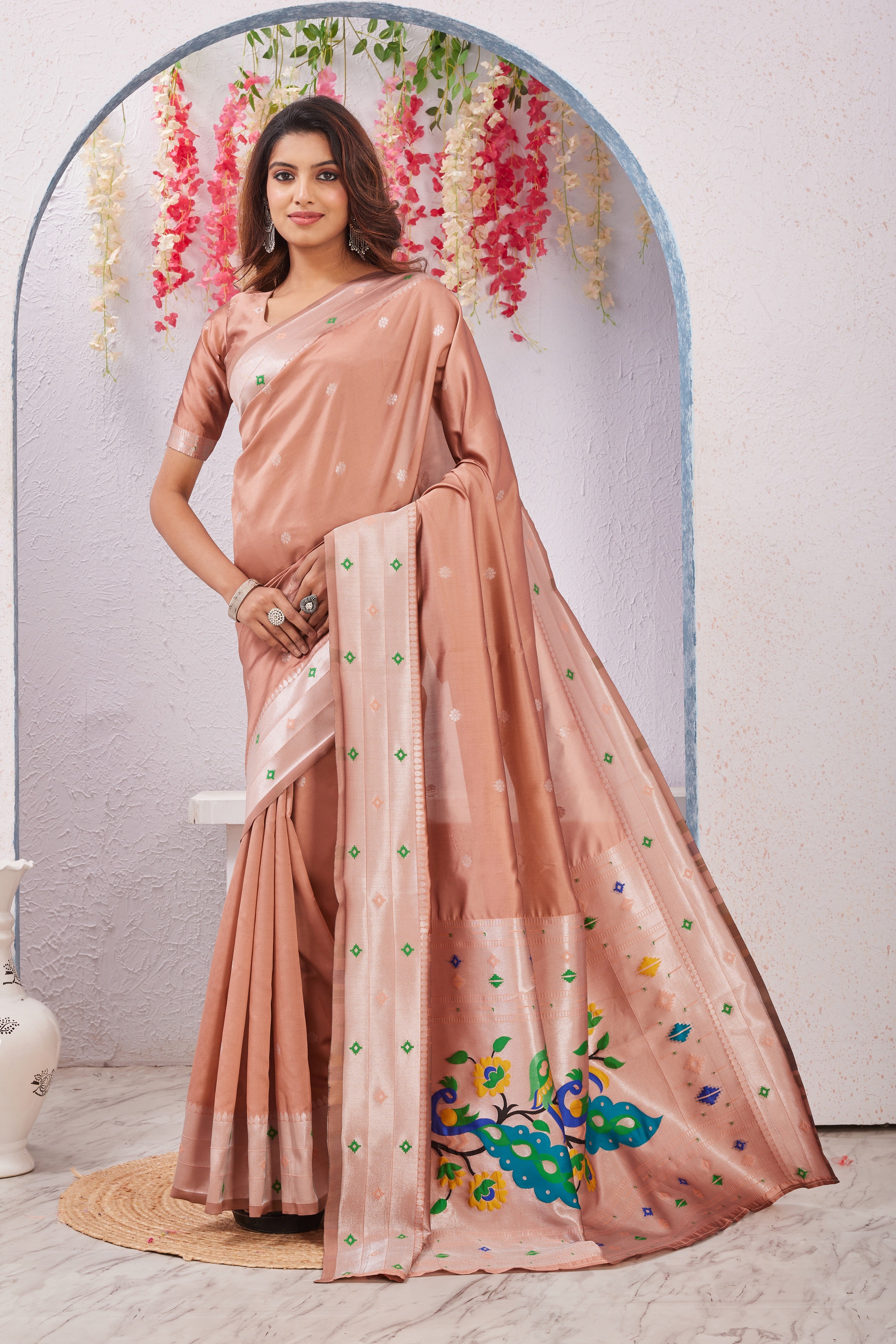 Beige Banarasi Silk Saree with Peacock Motif, Rich Pallu & Jacquard Jari Work