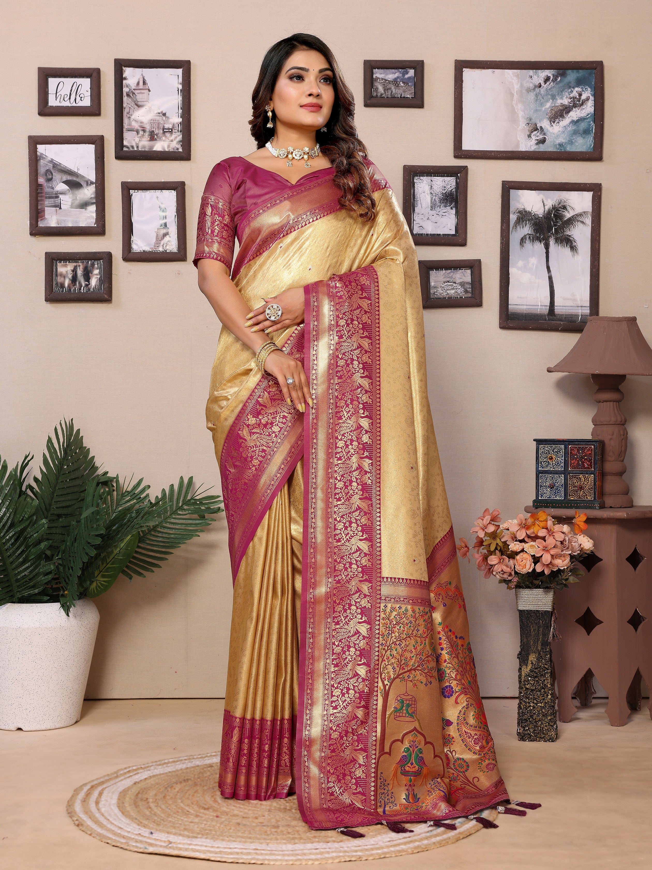 Beige Banarasi Tissue Silk Heavy Woven Jari Designer Ceremonial Saree