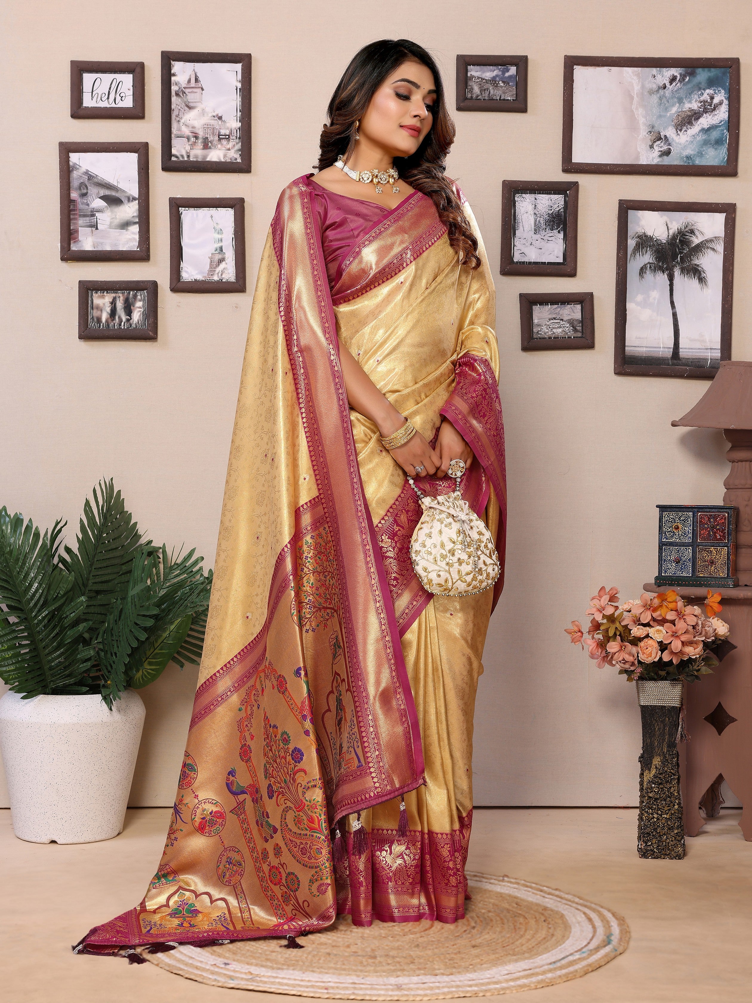 Beige Banarasi Tissue Silk Heavy Woven Jari Designer Ceremonial Saree