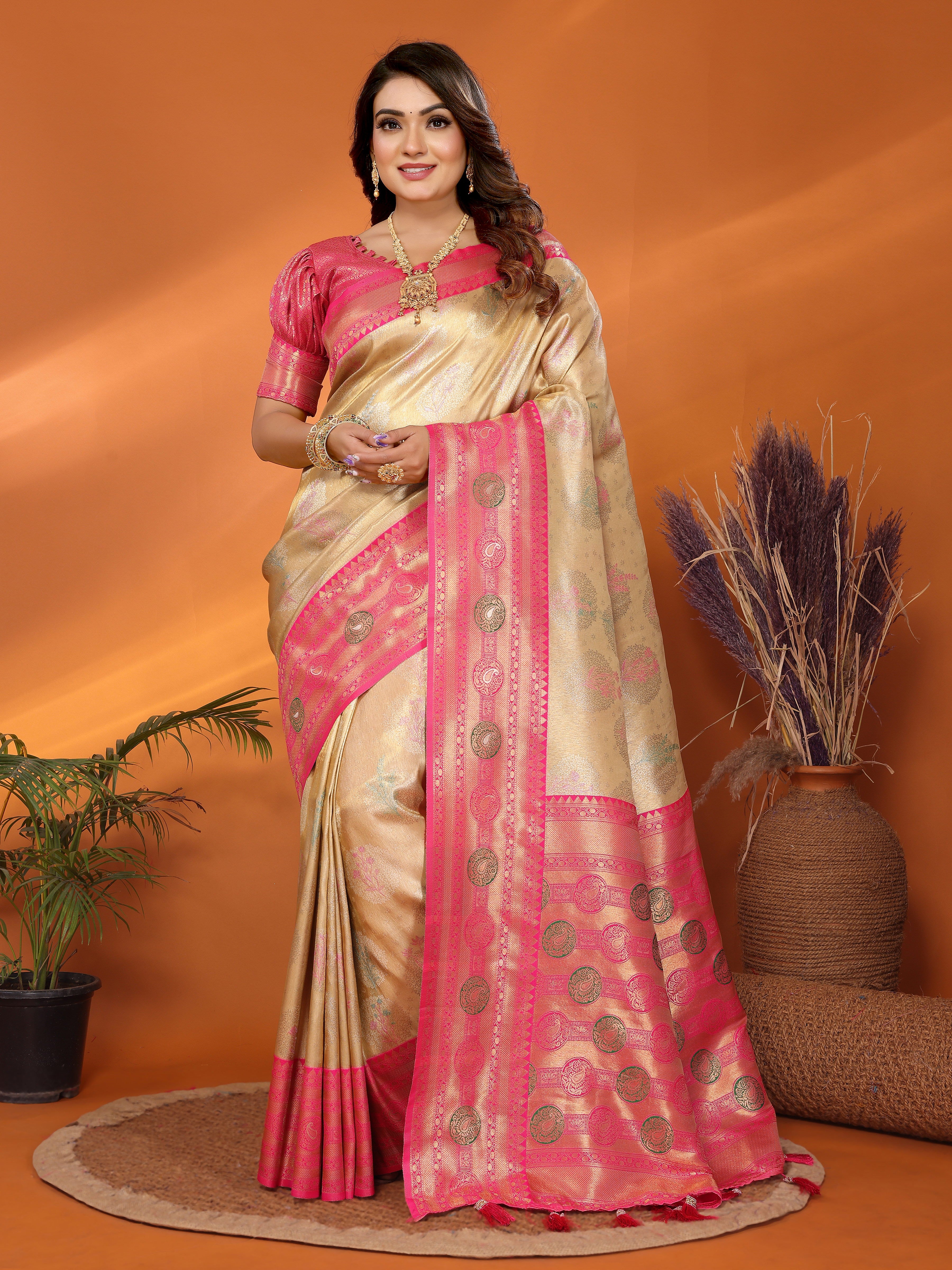 Beige Banarasi Tissue Silk Saree With Woven Paithani Designer