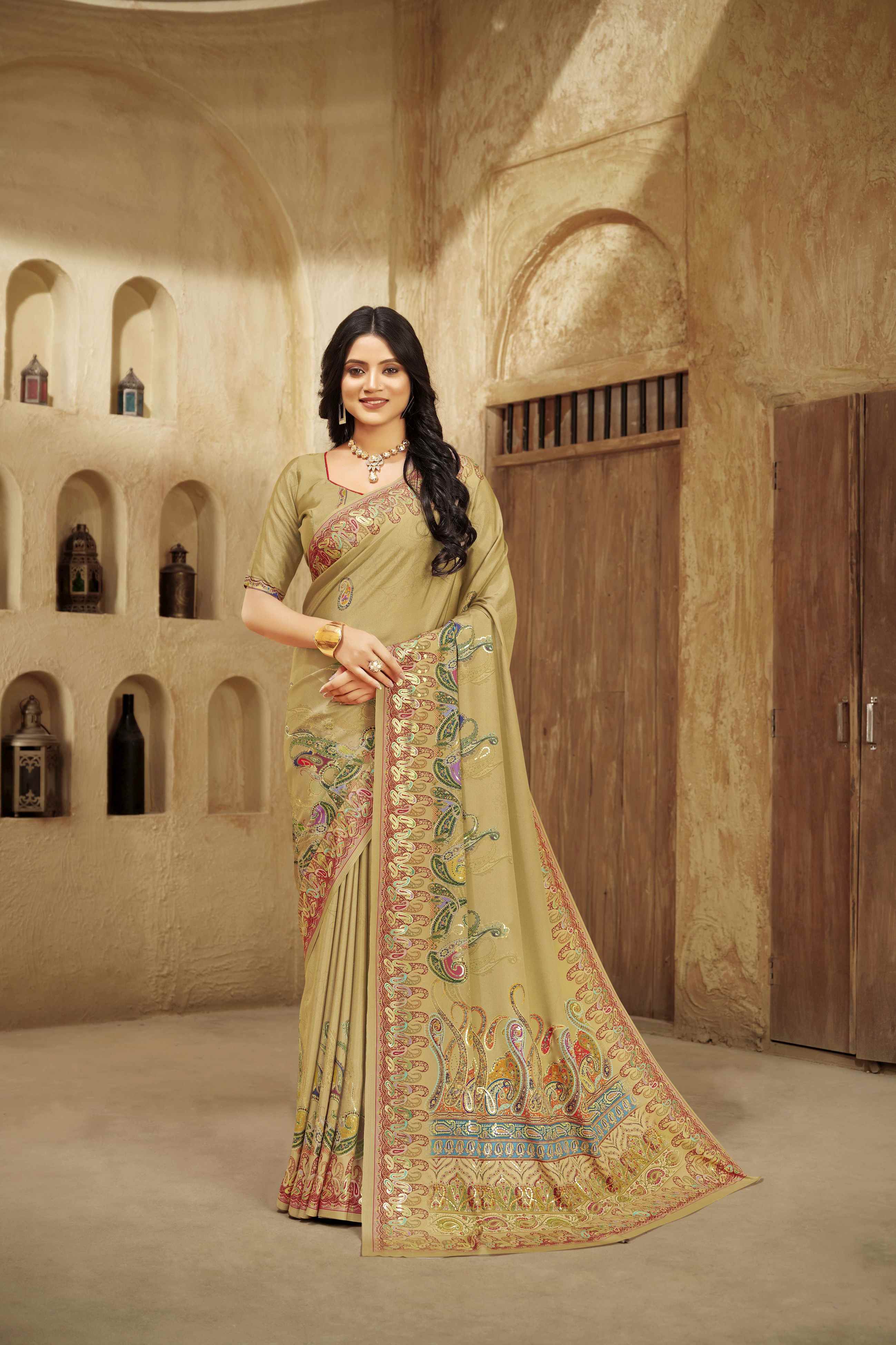 Beige Beautiful Designer Position Digital Foil Printed Crepe Silk Designer Partywear Saree