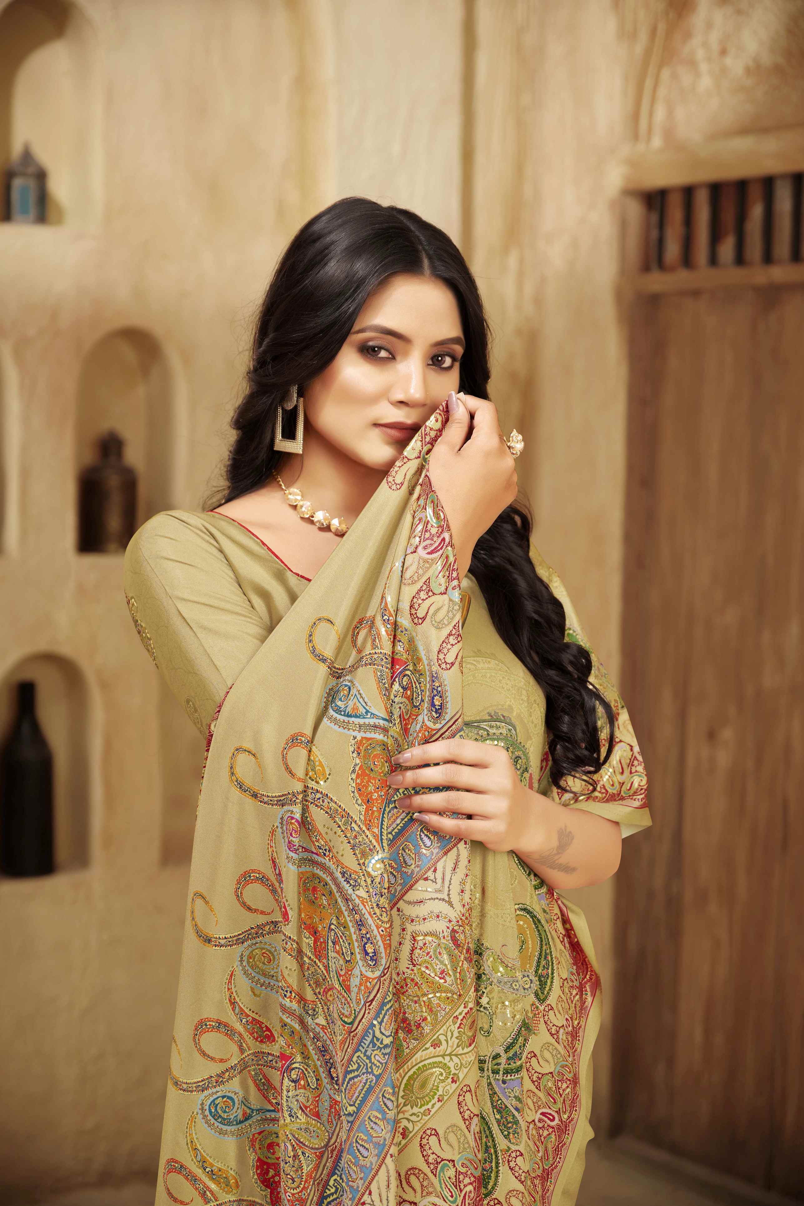 Beige Beautiful Designer Position Digital Foil Printed Crepe Silk Designer Partywear Saree