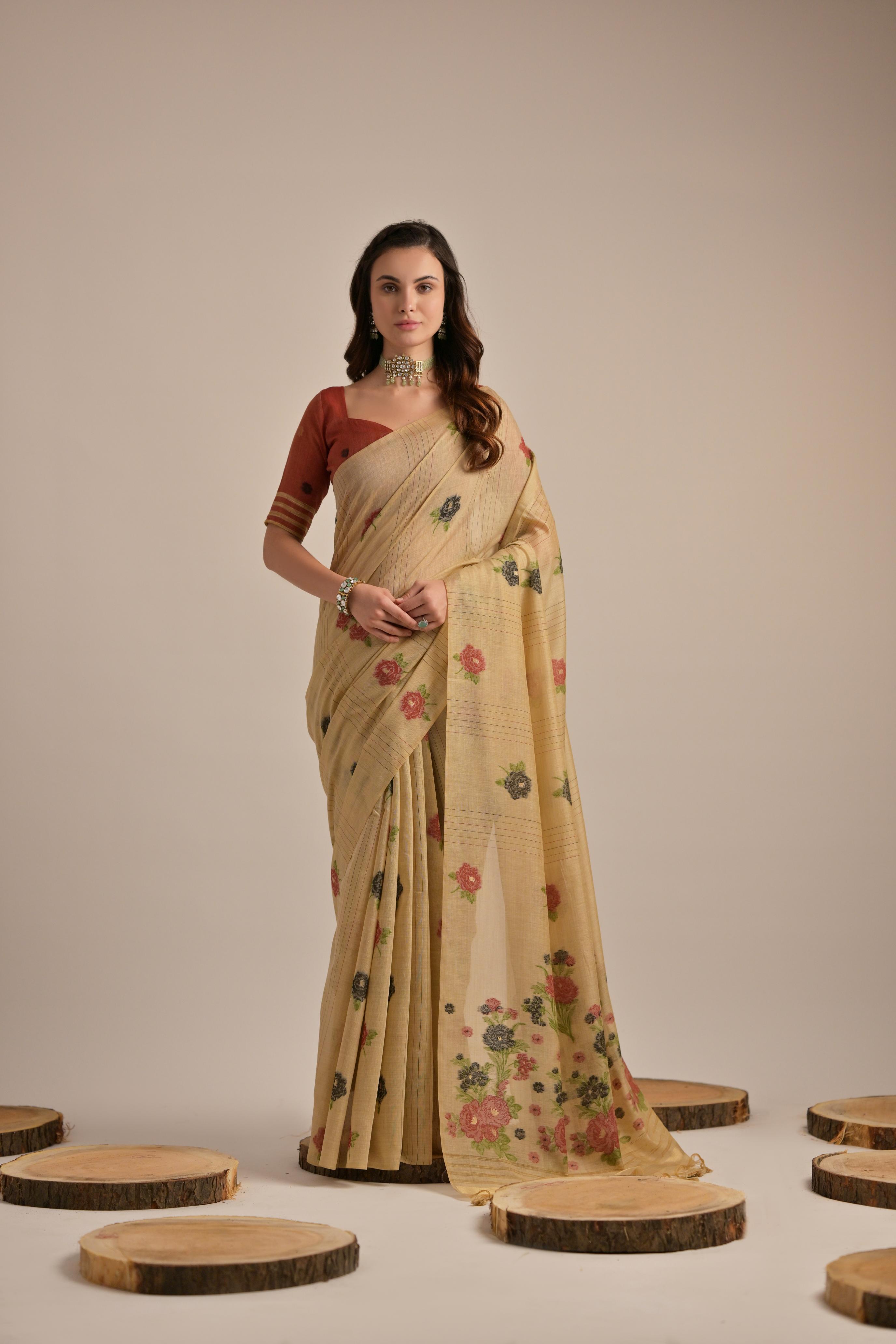 Beige Beautiful Girly Looks Multy Floral Weaving Designer Muga Cotton Saree
