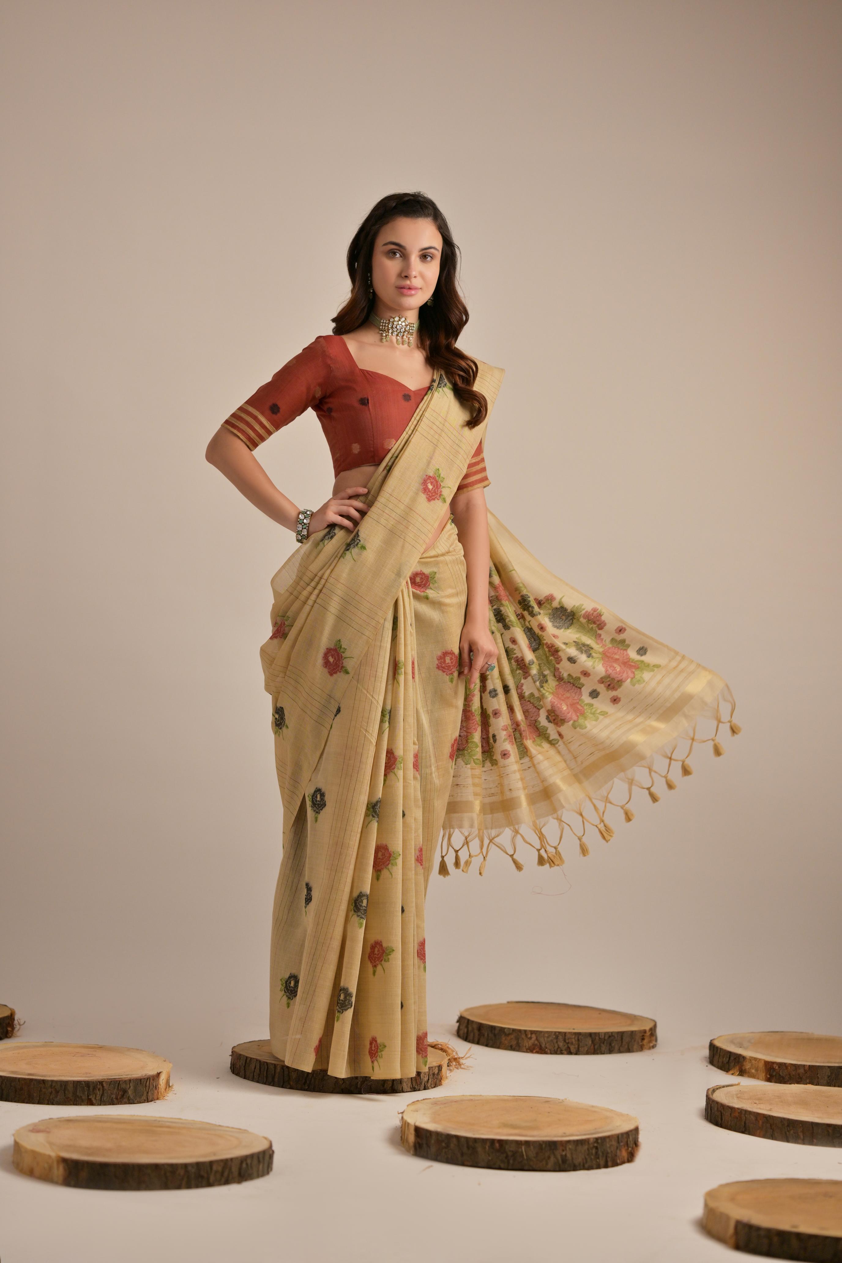 Beige Beautiful Girly Looks Multy Floral Weaving Designer Muga Cotton Saree