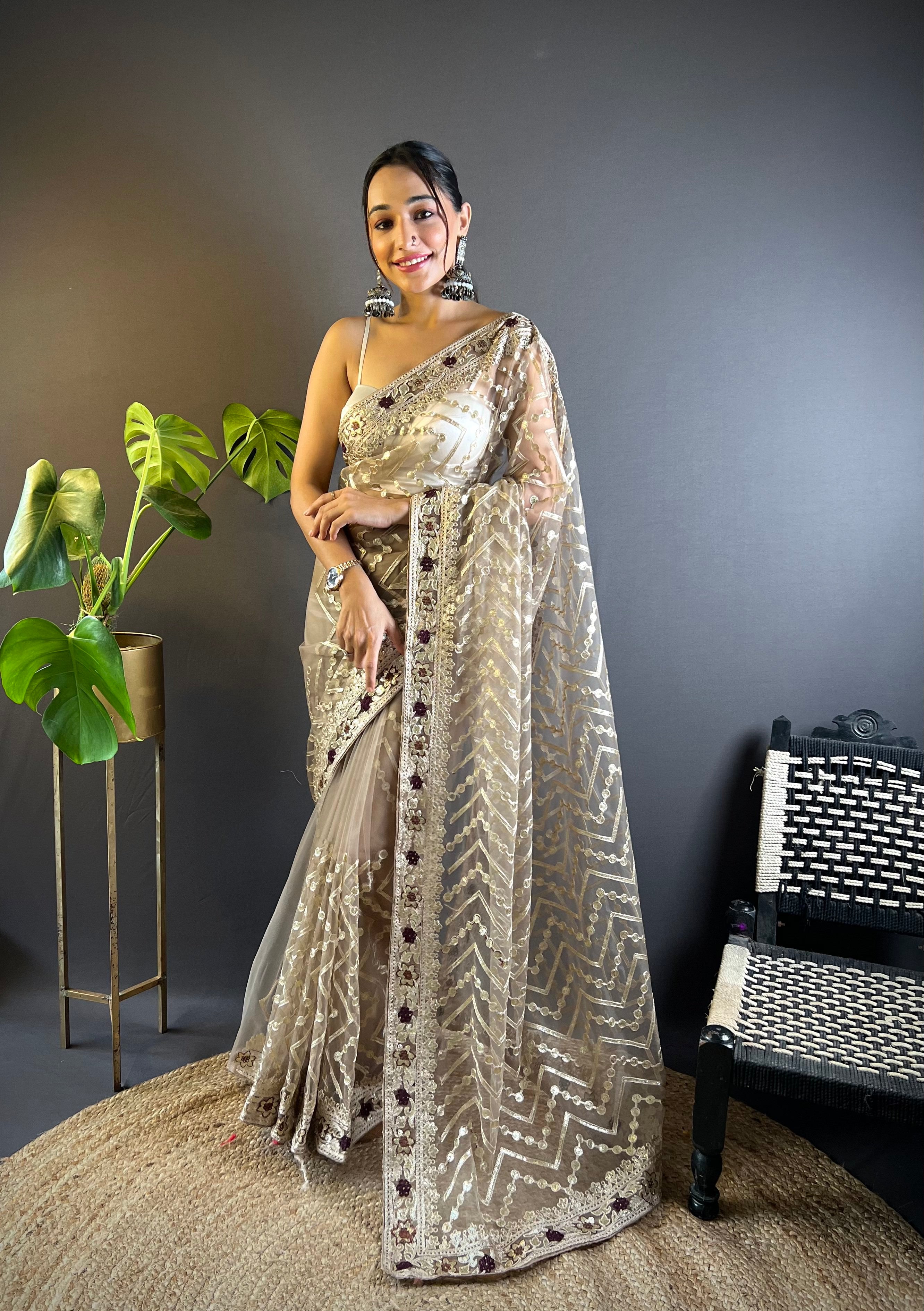 Beige Butterfly Net Fabric Embroidery Work Ceremonial Saree