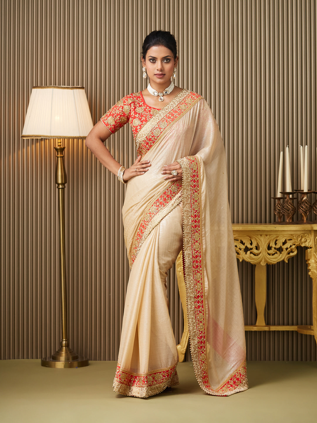 Beige Chiffon Embroidered Embellished Work Ceremonial Saree