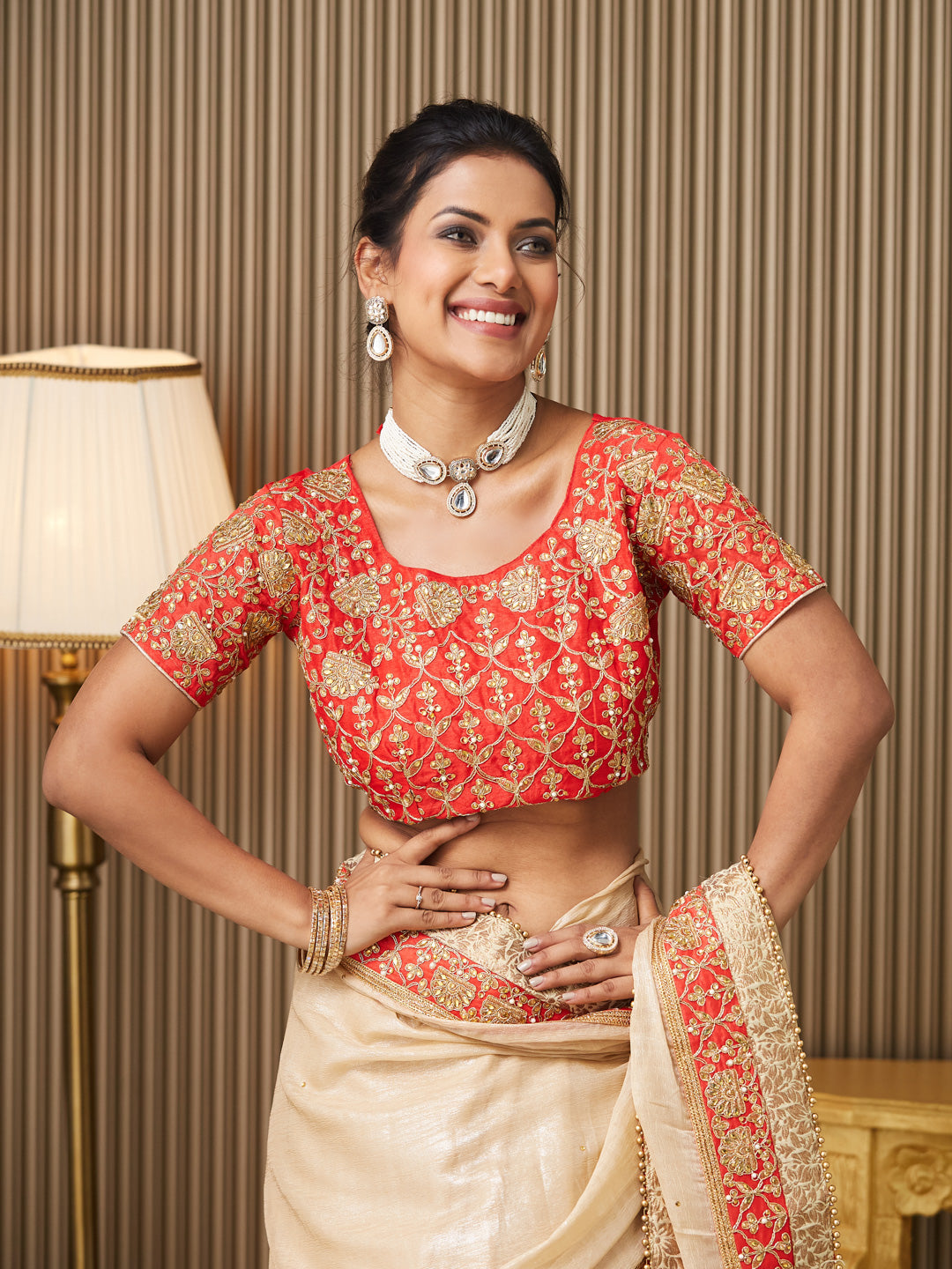 Beige Chiffon Embroidered Embellished Work Ceremonial Saree