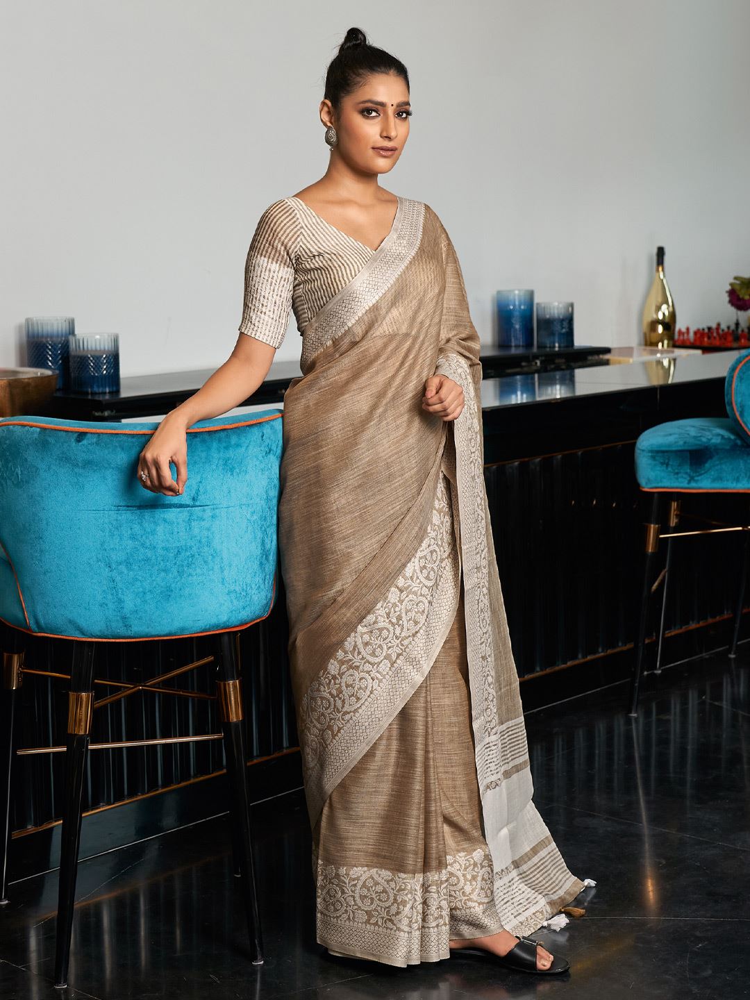 Beige Color Cotton Linen Blend Saree