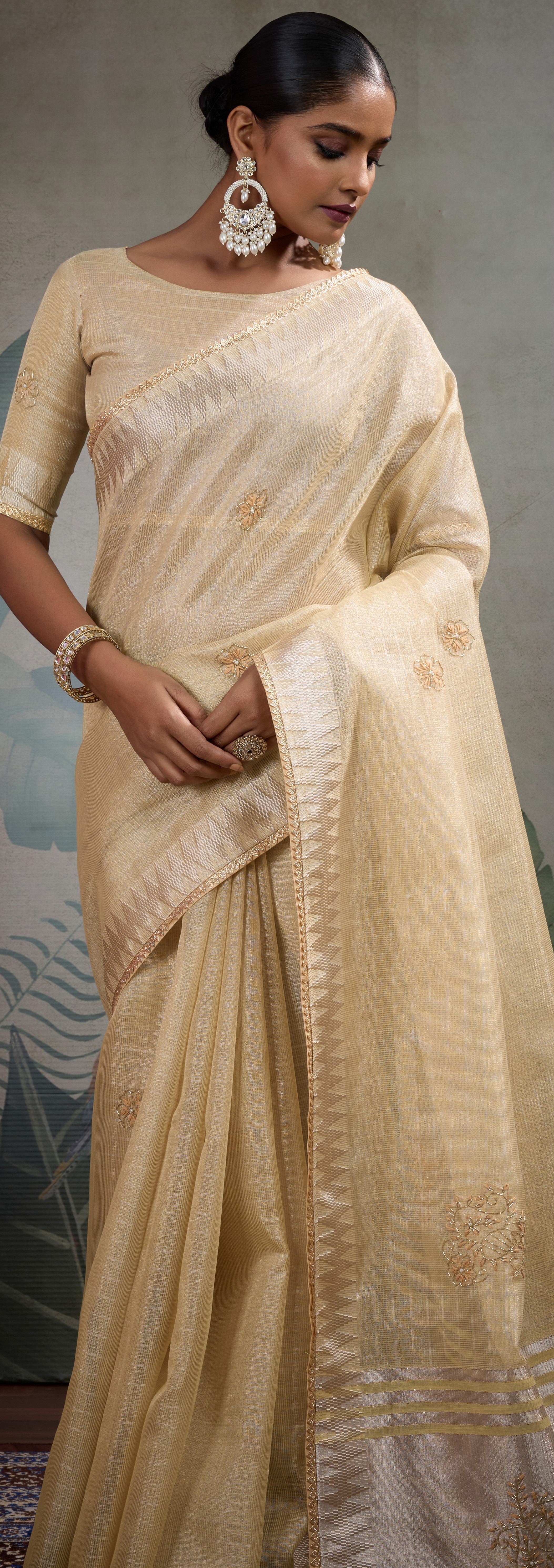 Beige Color Linen Tissue Saree With Handwork Butta Zardosi cutdana pearl thread work